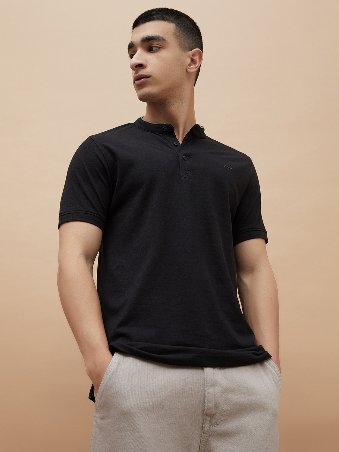 Image of Fame Forever by Lifestyle Solid Men Mandarin Collar Black T-Shirt