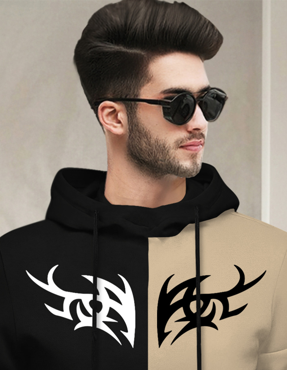 Image of TESSERACT Printed Men Hooded Neck Black, Beige T-Shirt