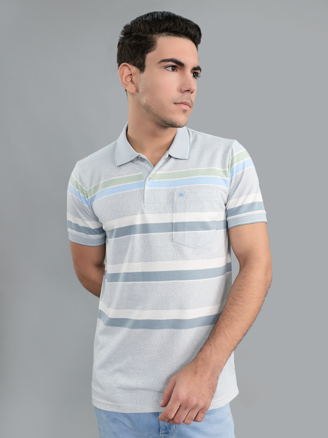 Image of MONTE CARLO Striped Men Polo Neck Grey T-Shirt