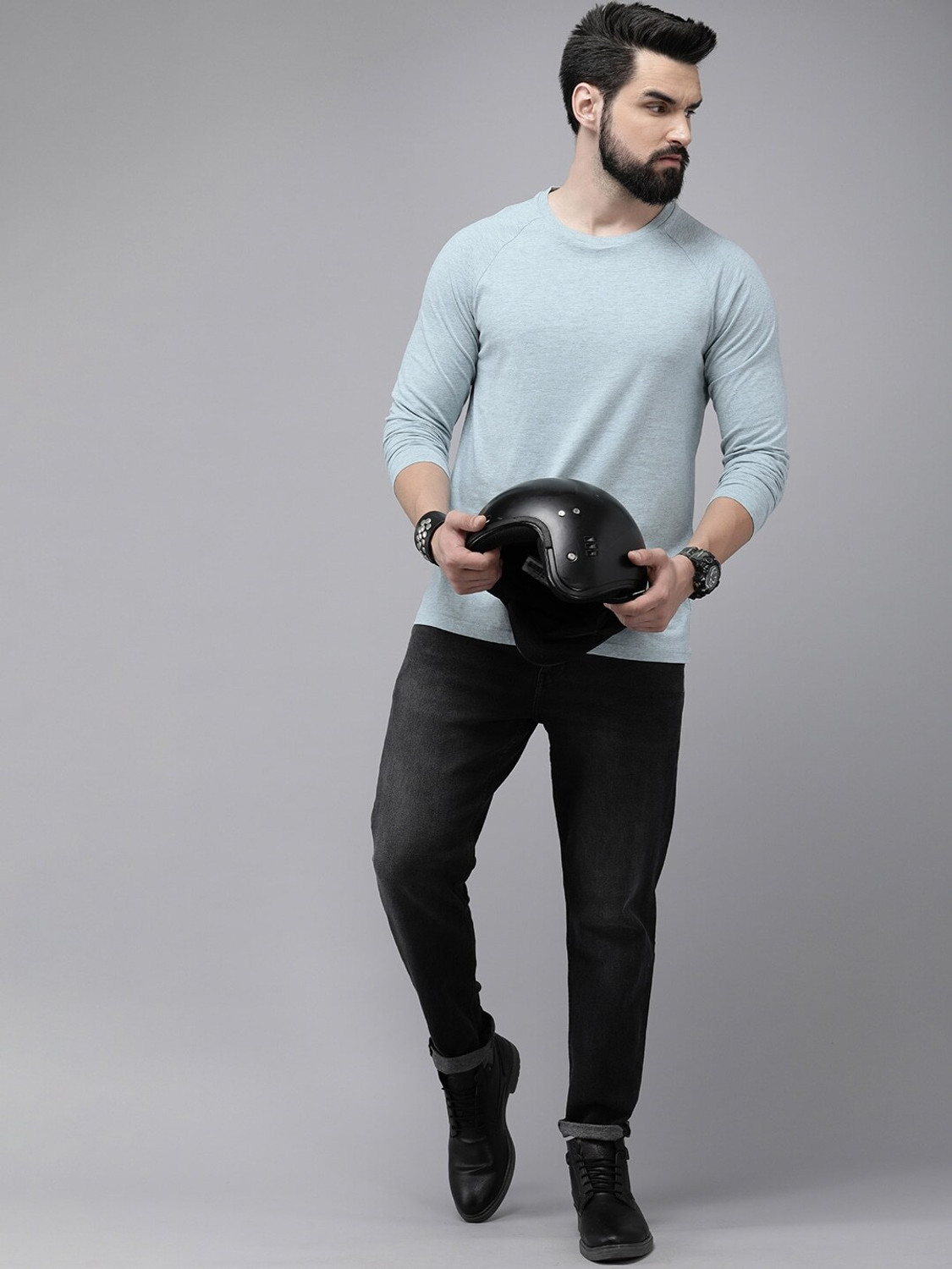 Image of Roadster Solid Men Round Neck Grey T-Shirt