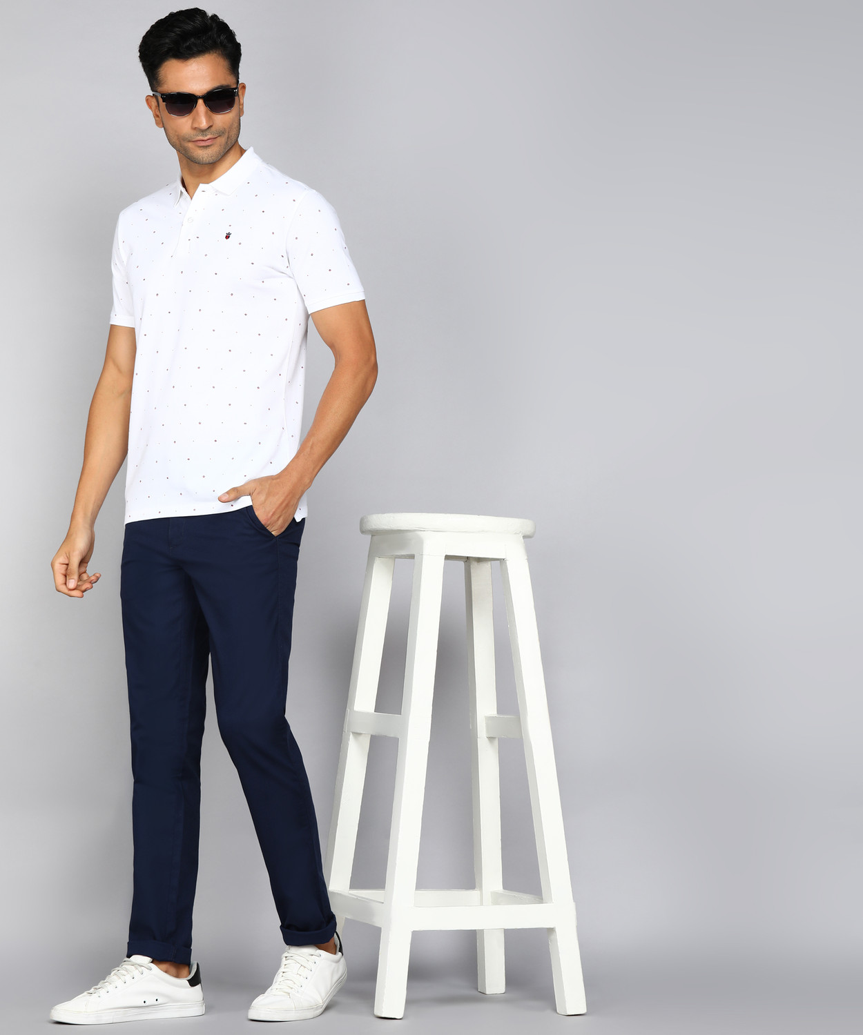 Image of Louis Philippe Jeans Printed Men Polo Neck White T-Shirt
