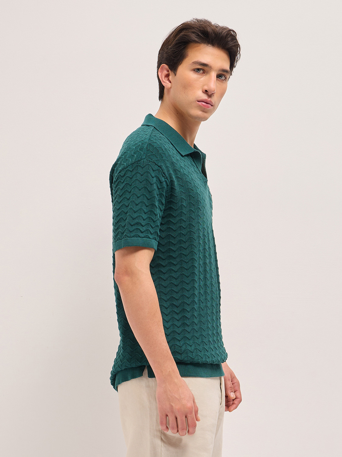 Image of THE BEAR HOUSE Self Design Men Polo Neck Green T-Shirt