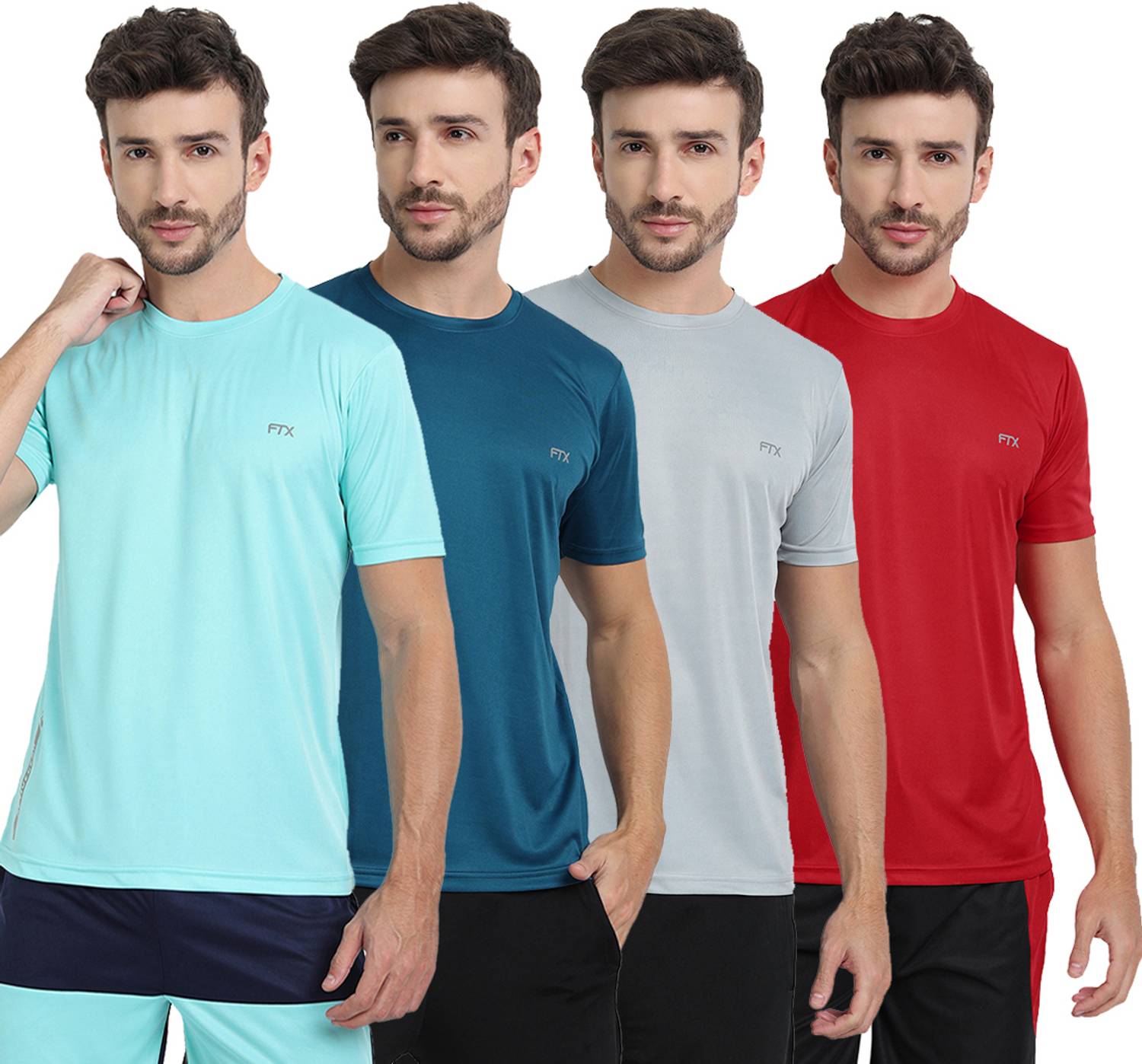 FTX Pack of 4 Men Solid Round Neck Polyester Multicolor T-Shirt
