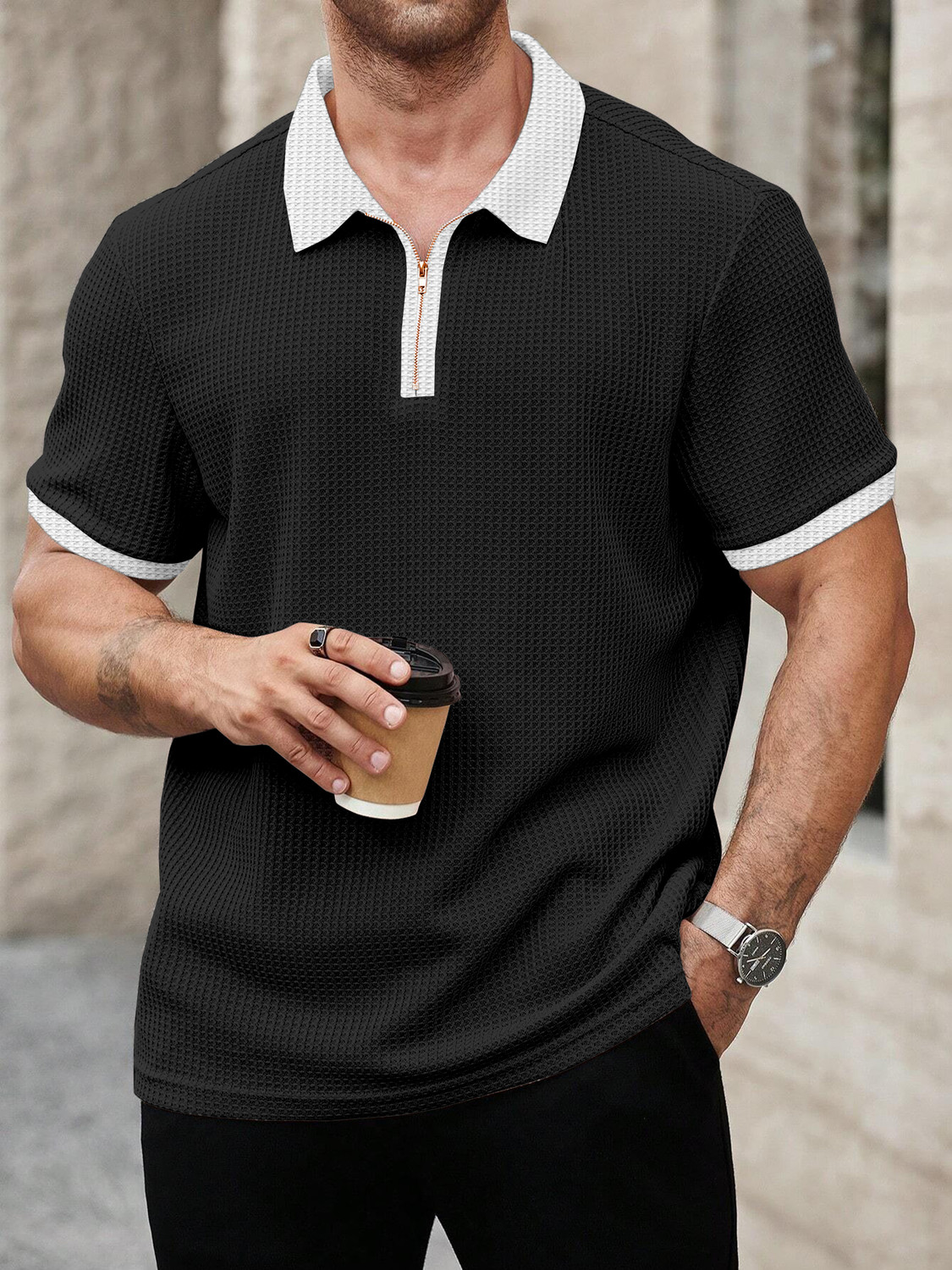 Image of KAJARU Self Design Men Zip Neck White, Black T-Shirt