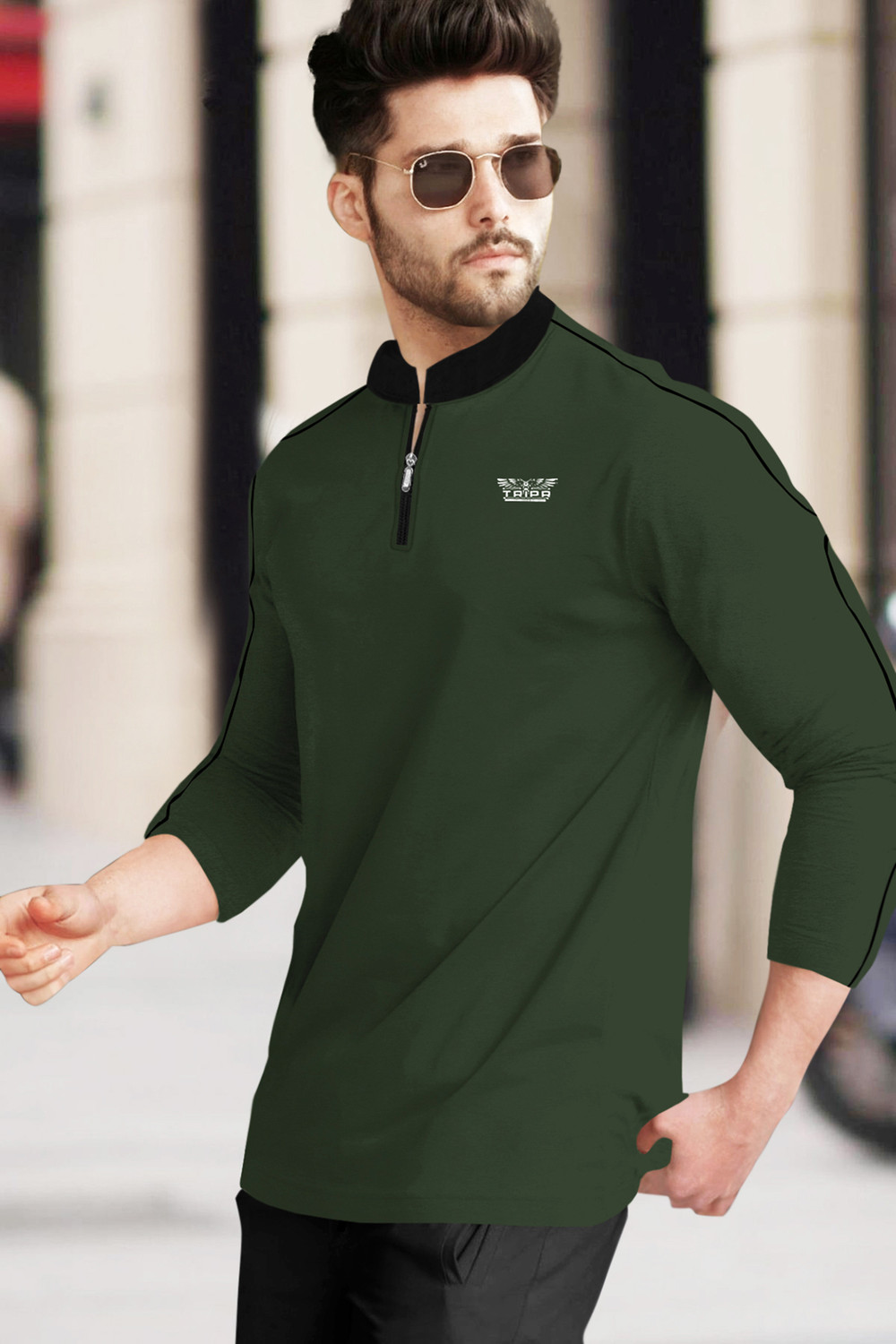 Image of TRIPR Solid Men Mandarin Collar Dark Green, Black T-Shirt
