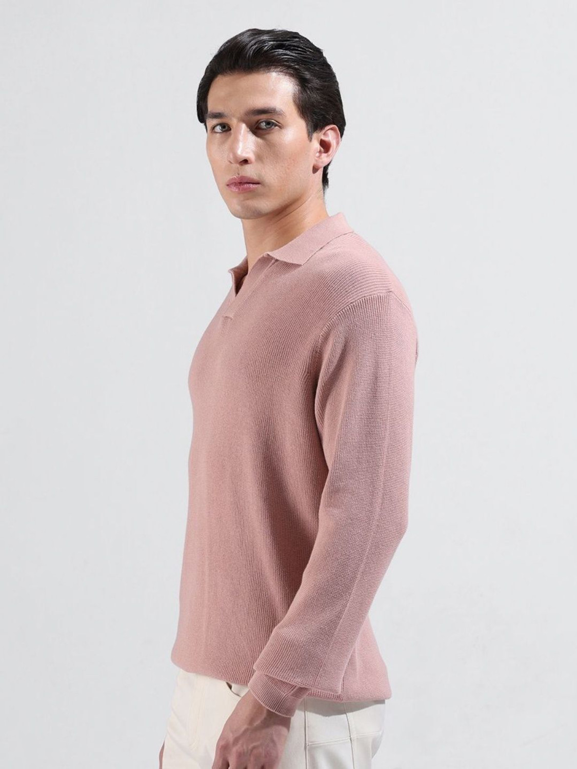 Image of The Indian Garage Co. Self Design Men Polo Neck Pink T-Shirt