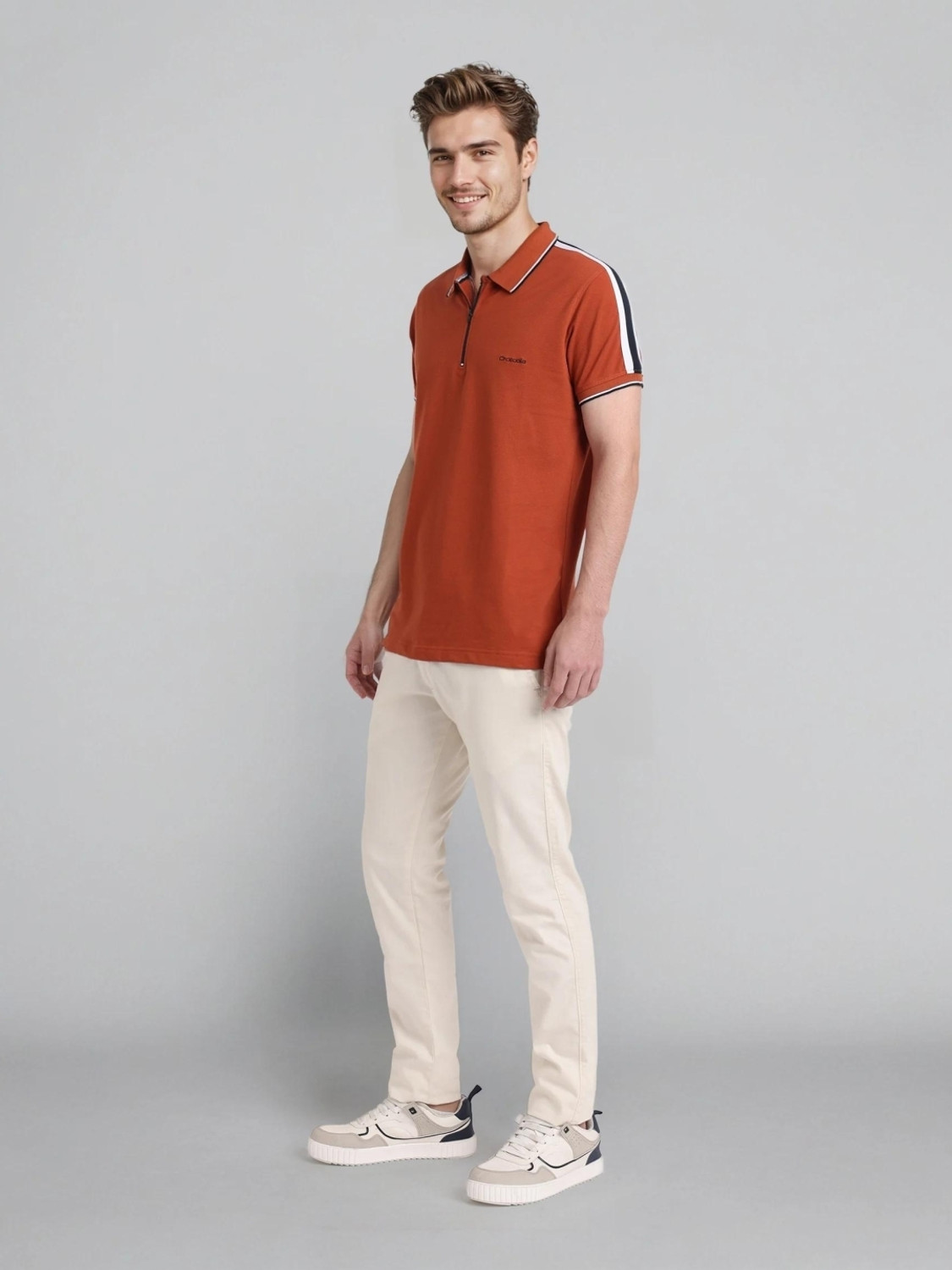 Image of CROCODILE Solid Men Polo Neck Brown T-Shirt