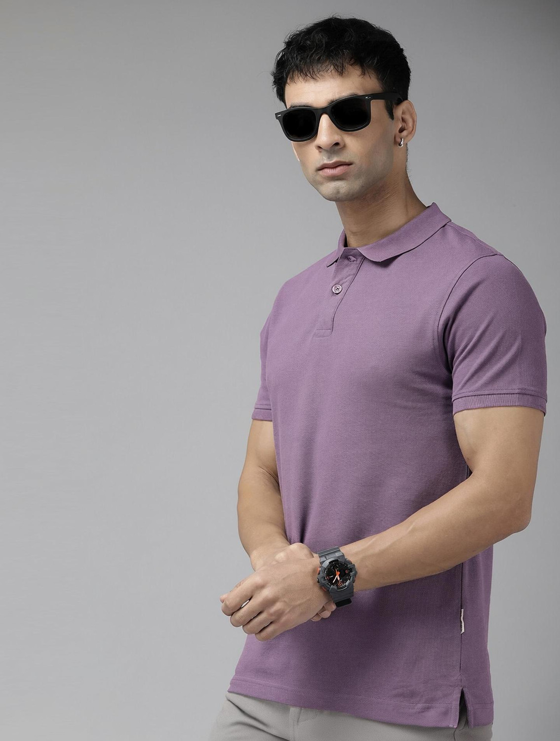 Image of Roadster Solid Men Polo Neck Purple T-Shirt