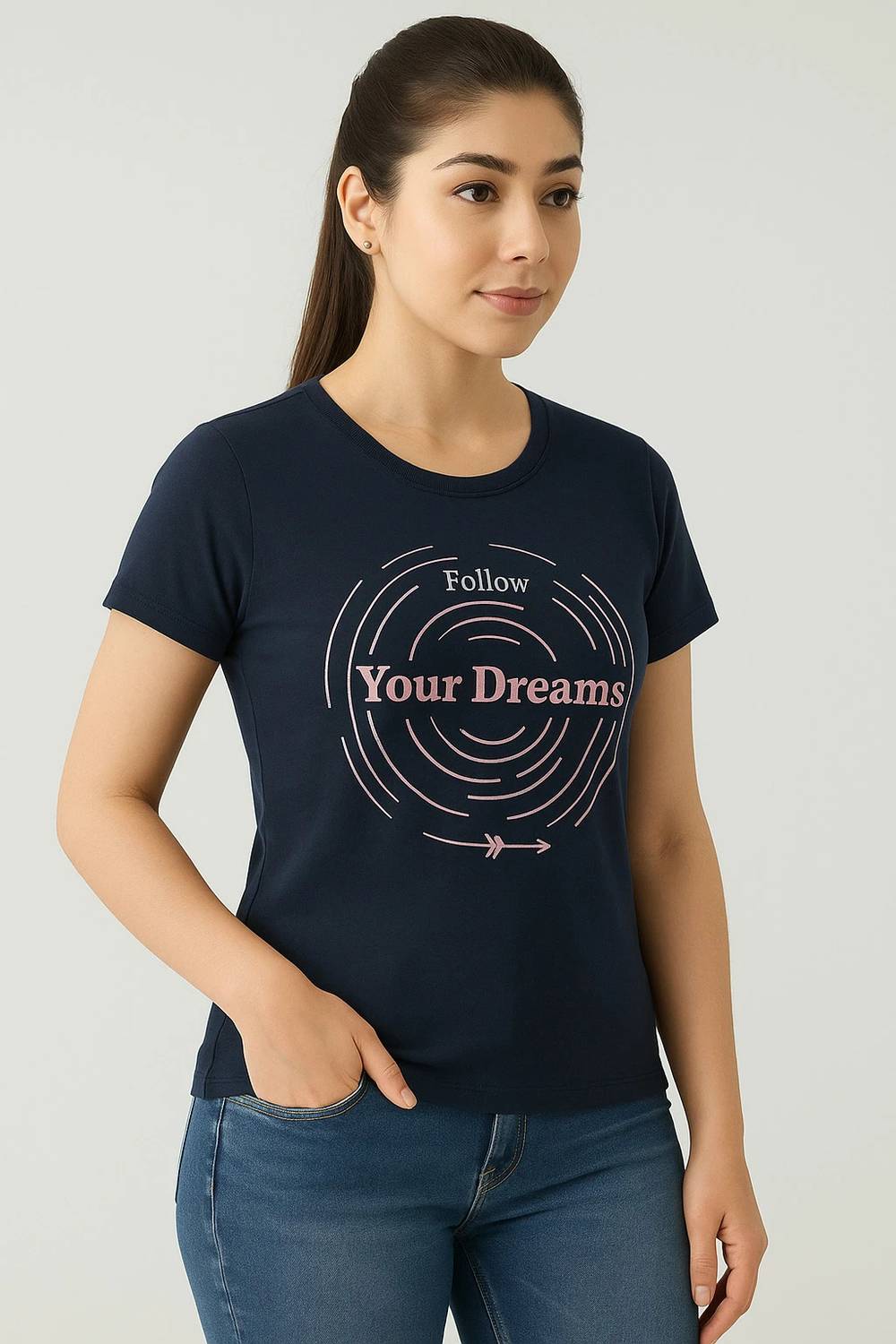 AWIBE Printed Women Round Neck Dark Blue T-Shirt