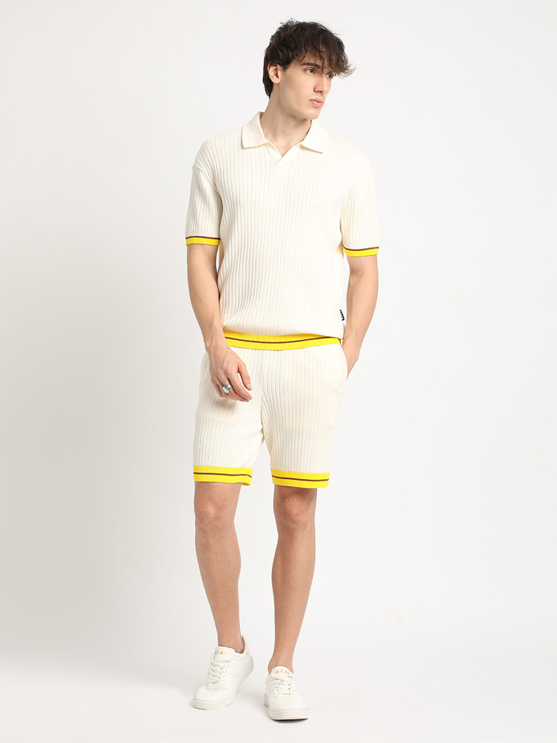 Image of THE BEAR HOUSE Self Design Men Polo Neck White T-Shirt