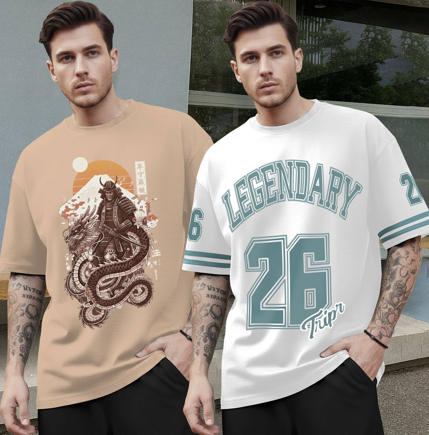 TRIPR Pack of 2 Oversized Men Printed Round Neck Cotton Blend Bei