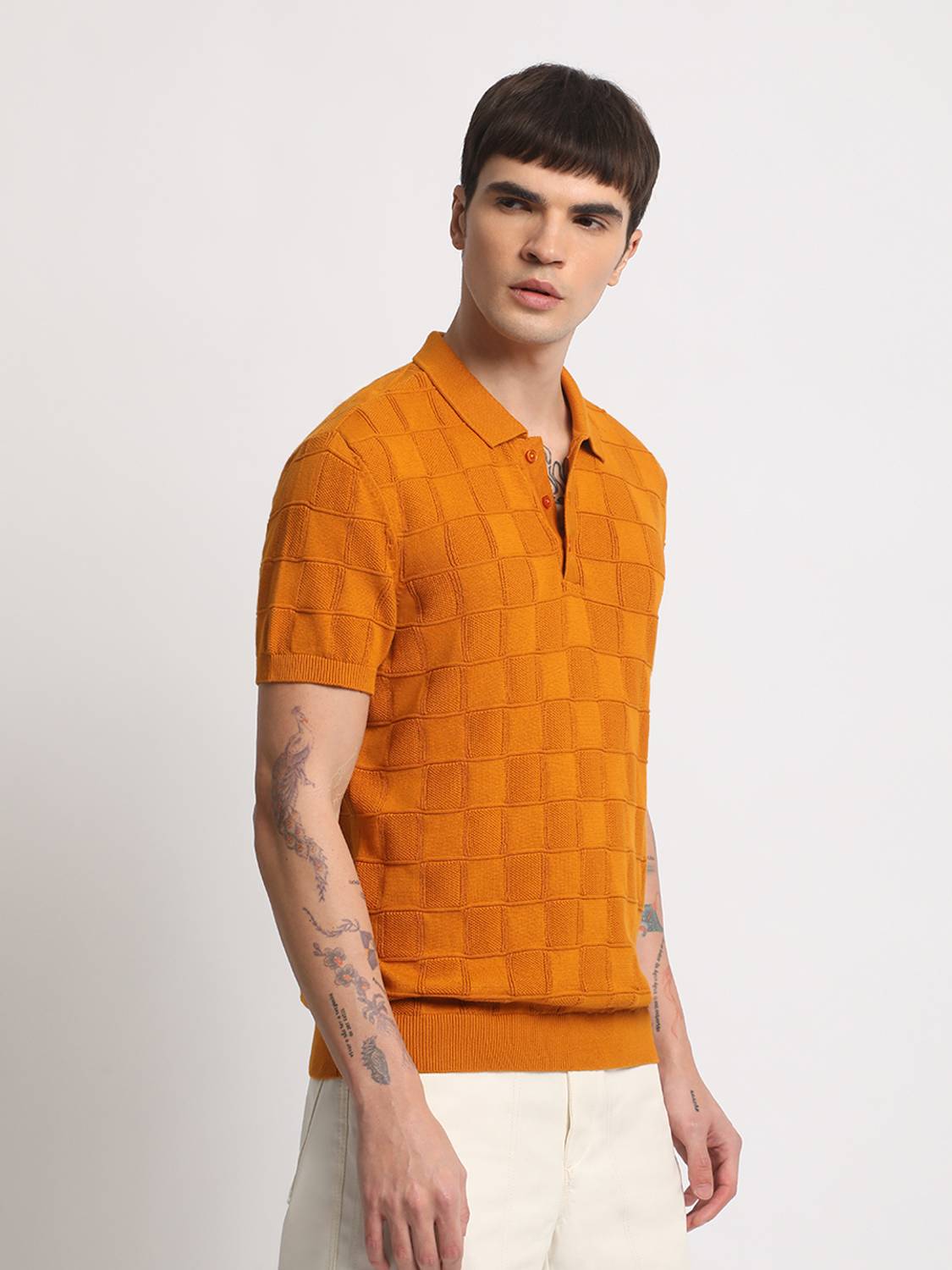THE BEAR HOUSE Men Checkered Polo Neck Pure Cotton Orange T-Shirt
