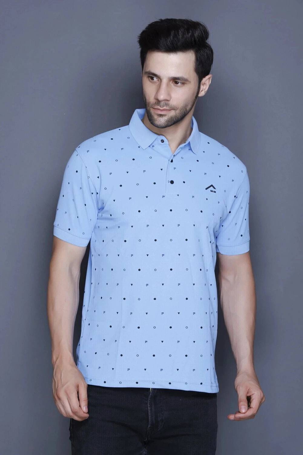 MELLOWMEN Men Printed Polo Neck Cotton Blend Blue T-Shirt