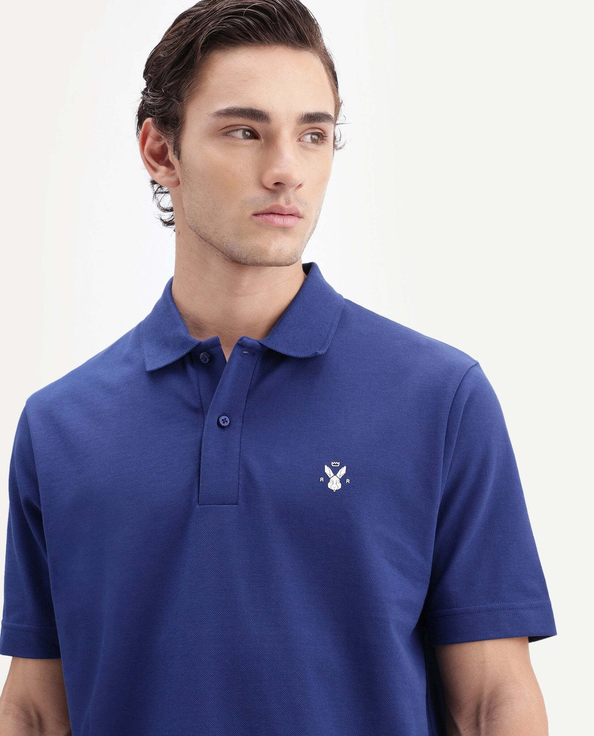 Image of RARE RABBIT Solid Men Polo Neck Blue T-Shirt