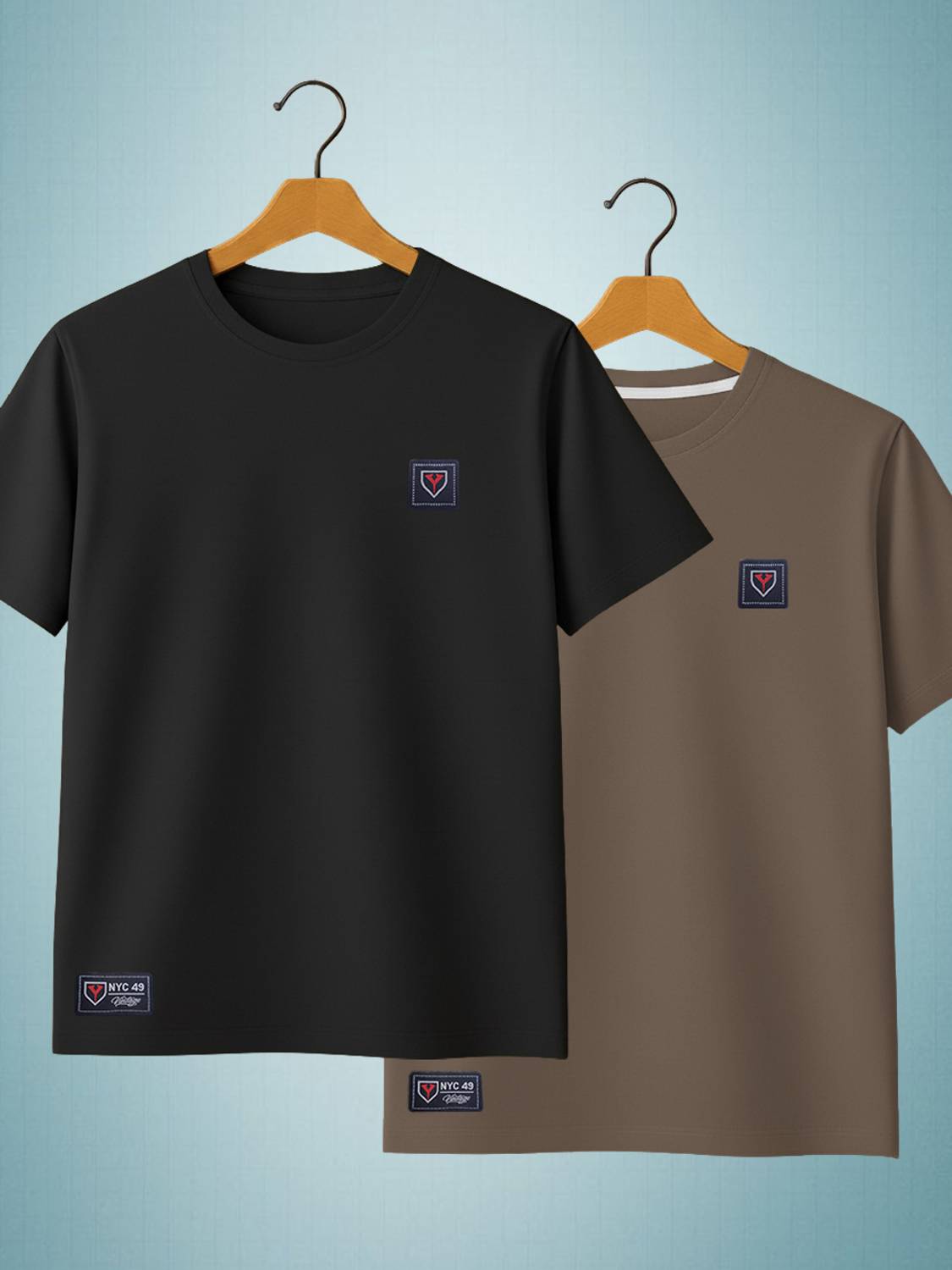 Yazole Pack of 2 Men Solid Round Neck Polycotton Black, Brown T-S
