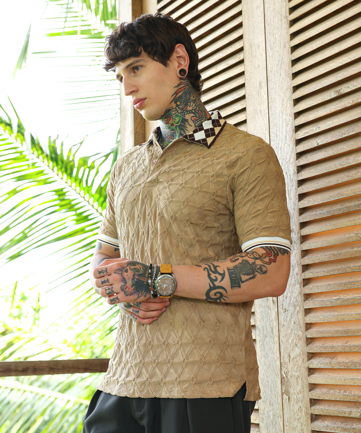 Image of CAMPUS SUTRA Self Design Men Polo Neck Beige T-Shirt