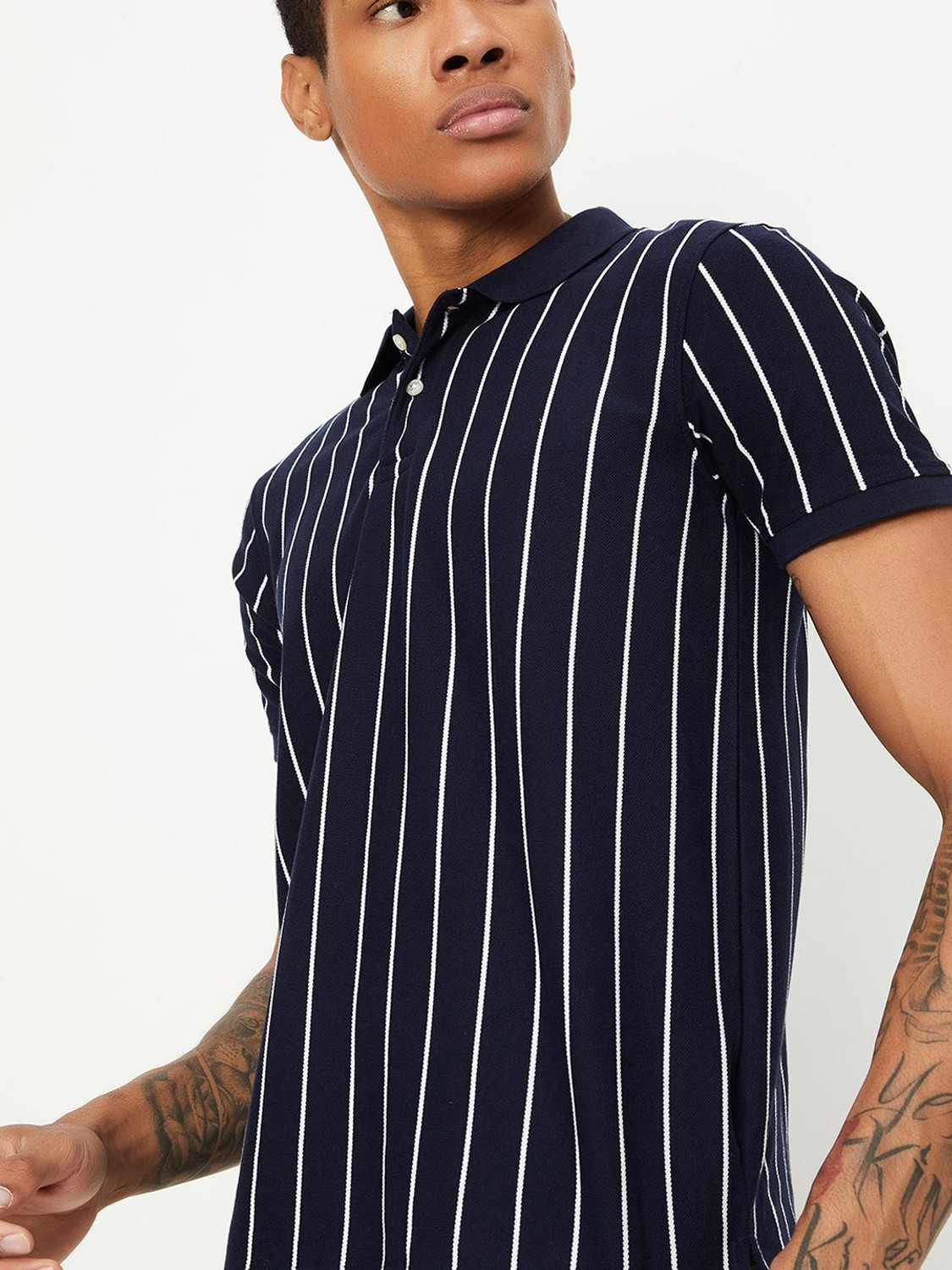Image of MAX Striped Men Round Neck Blue T-Shirt