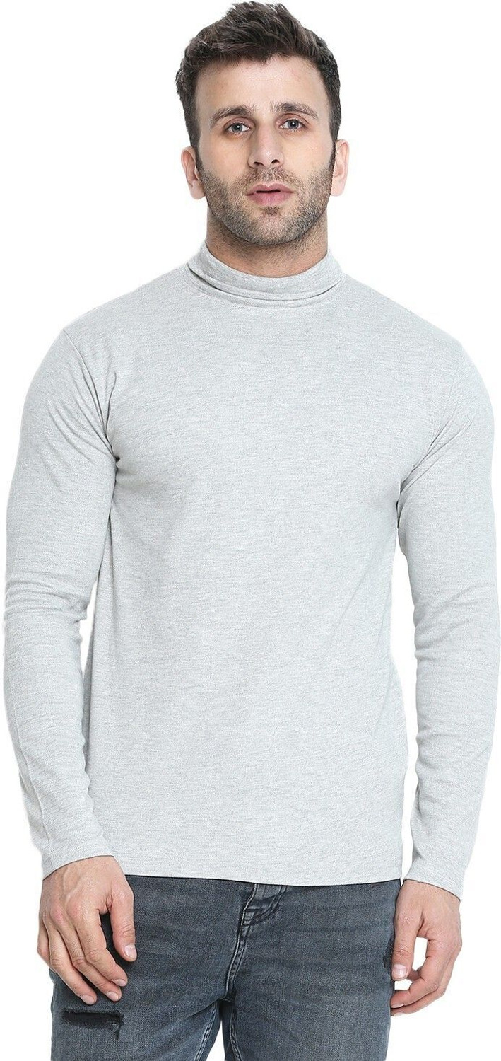 Image of CHKOKKO Solid Men High Neck Grey T-Shirt