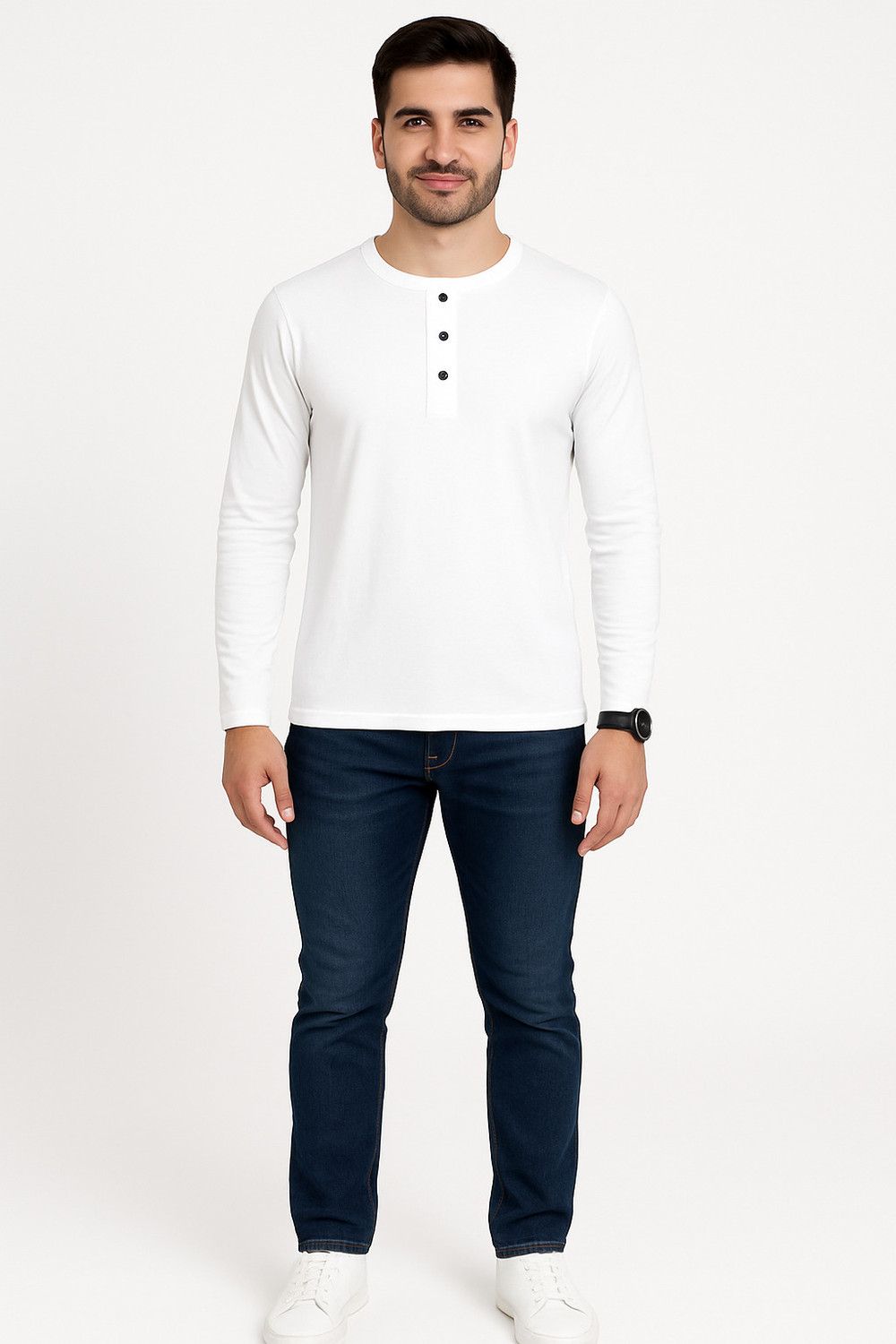 Image of Blisstone Solid Men Henley Neck White T-Shirt