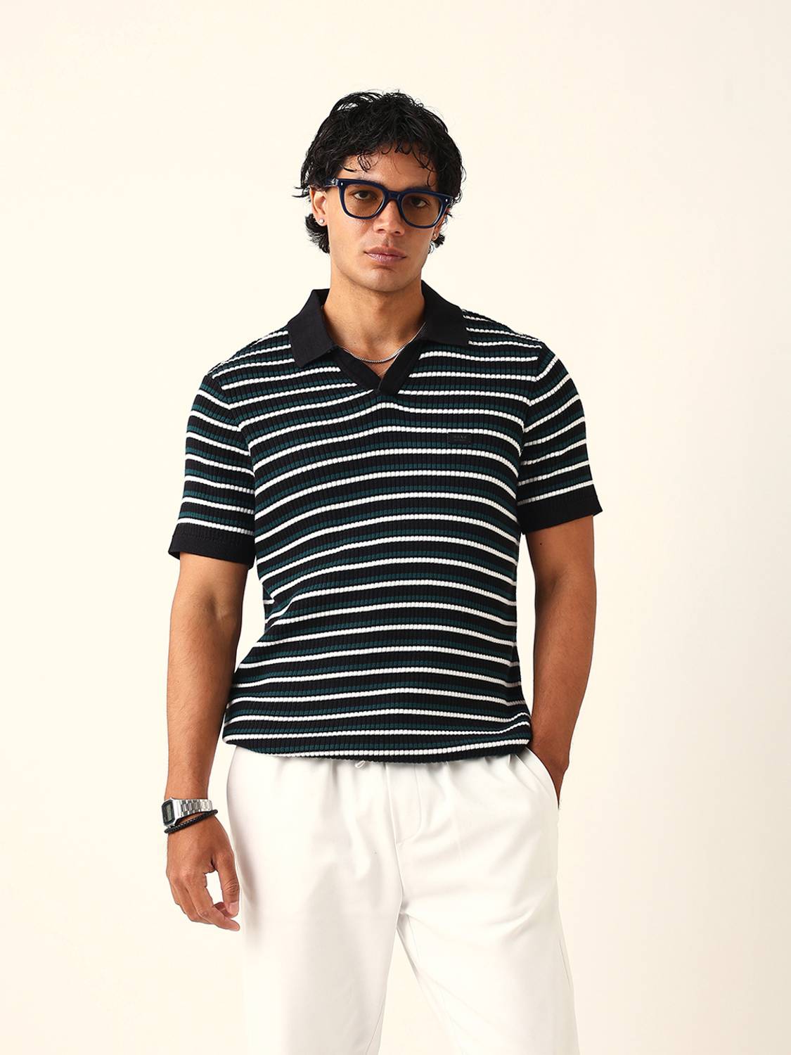 THE BEAR HOUSE Men Striped Polo Neck Pure Cotton Black T-Shirt