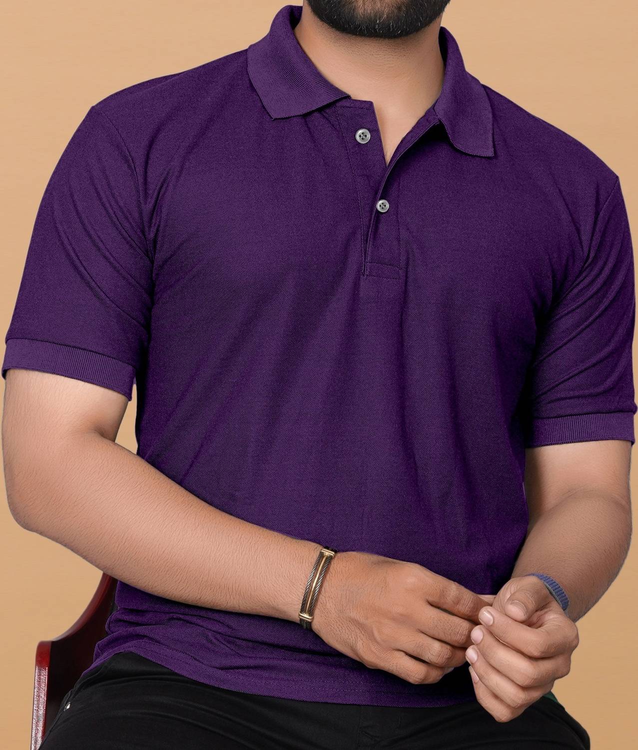 KAJARU Men Solid Polo Neck Polyester Purple T-Shirt