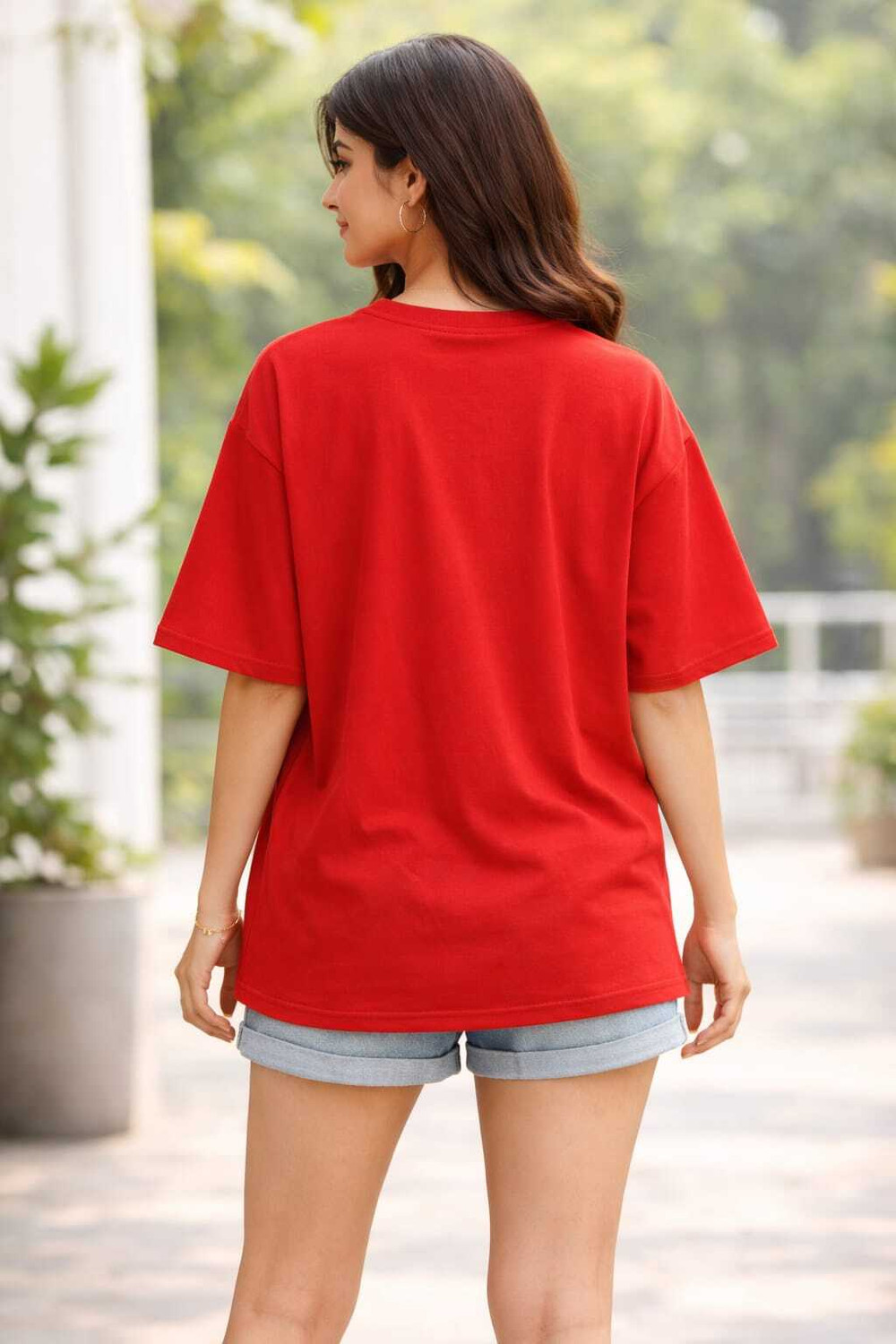 Image of Wellvery Women Printed Round Neck Cotton Blend Red T-Shirt