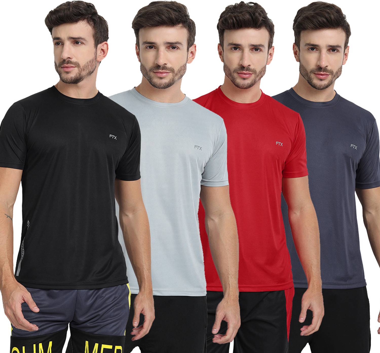 FTX Pack of 4 Men Solid Round Neck Polyester Multicolor T-Shirt