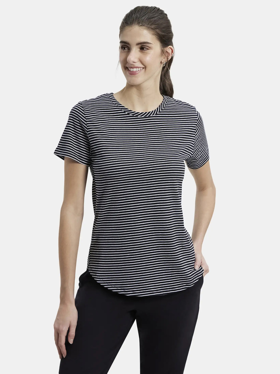 Image of JOCKEY Striped Women Round Neck Black T-Shirt