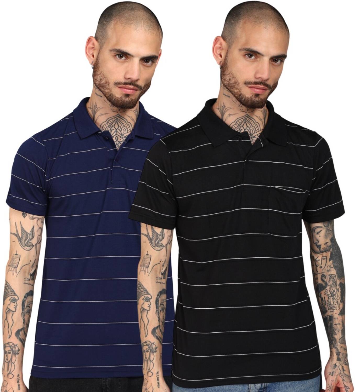 INKKR Pack of 2 Men Striped Polo Neck Cotton Blend Multicolor T-S