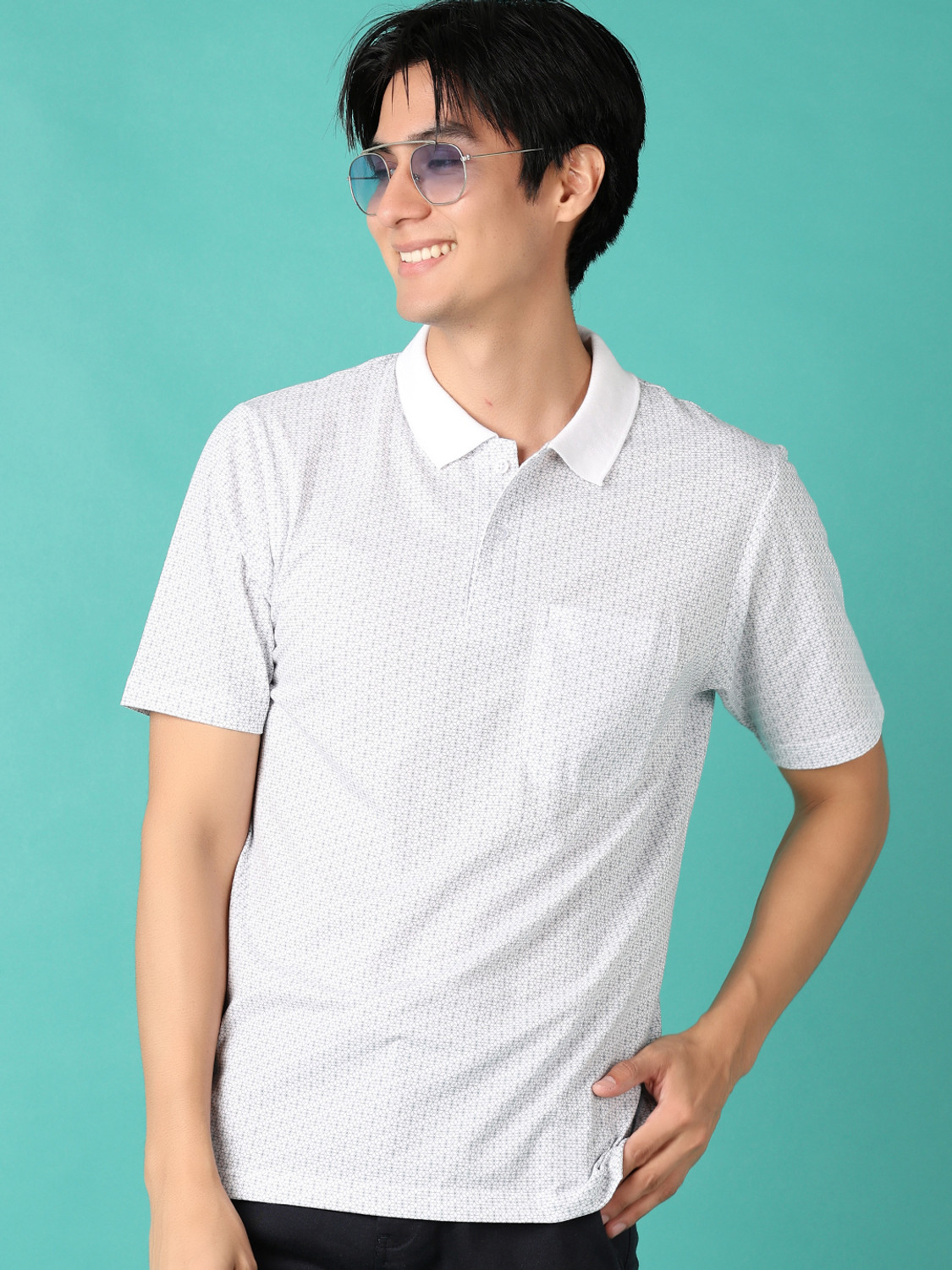 Image of V-MART Printed Men Polo Neck White T-Shirt