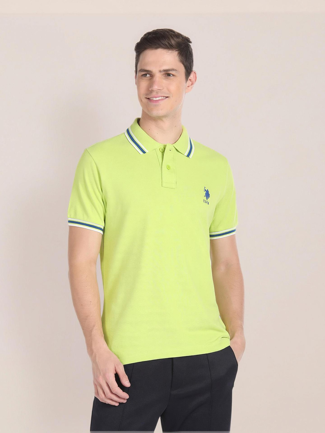 Image of U.S. POLO ASSN. Solid Men Polo Neck Green T-Shirt