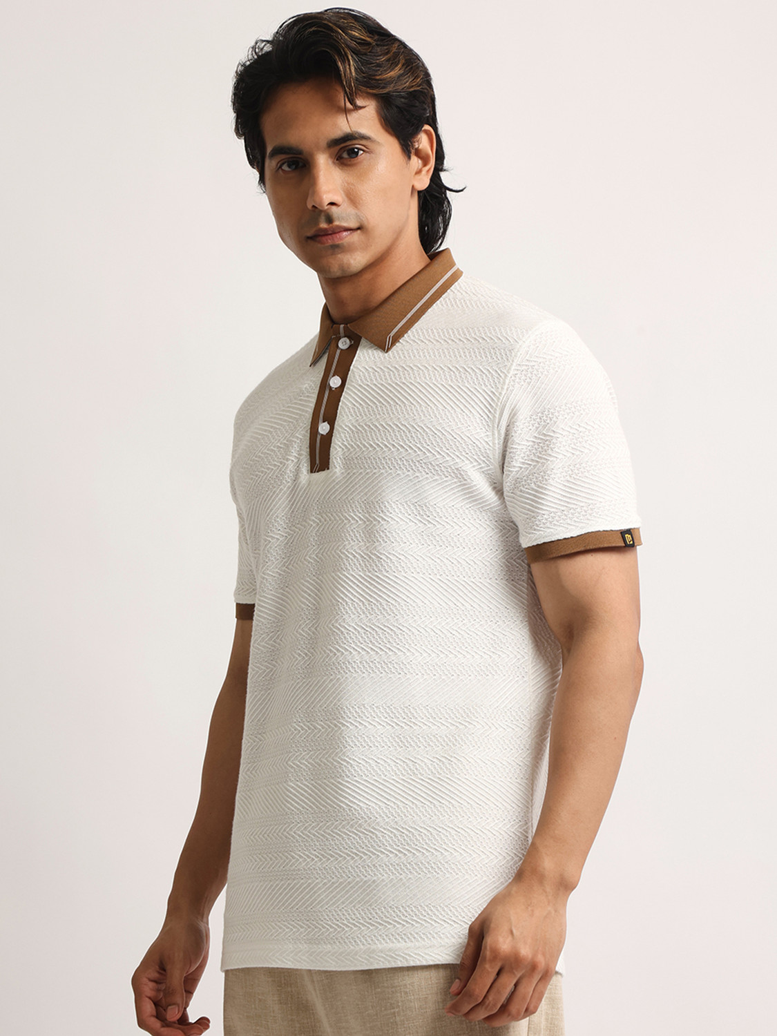 Image of MANIAC Self Design Men Polo Neck White, Brown T-Shirt
