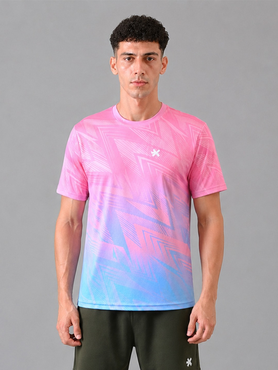 Image of HRX by Hrithik Roshan Men Printed Round Neck Polyester Pink, Blue T-Shirt