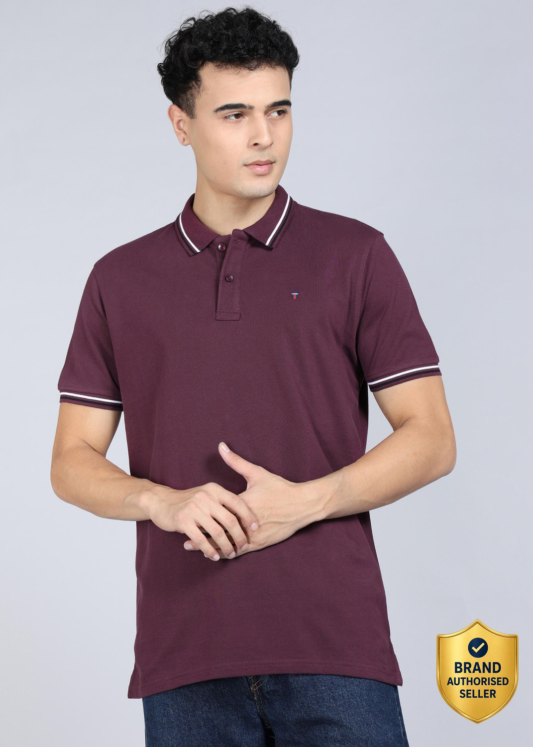 Image of Louis Philippe Sport Slim Fit Casual Men Solid Polo Neck Pure Cotton Purple T-Shirt