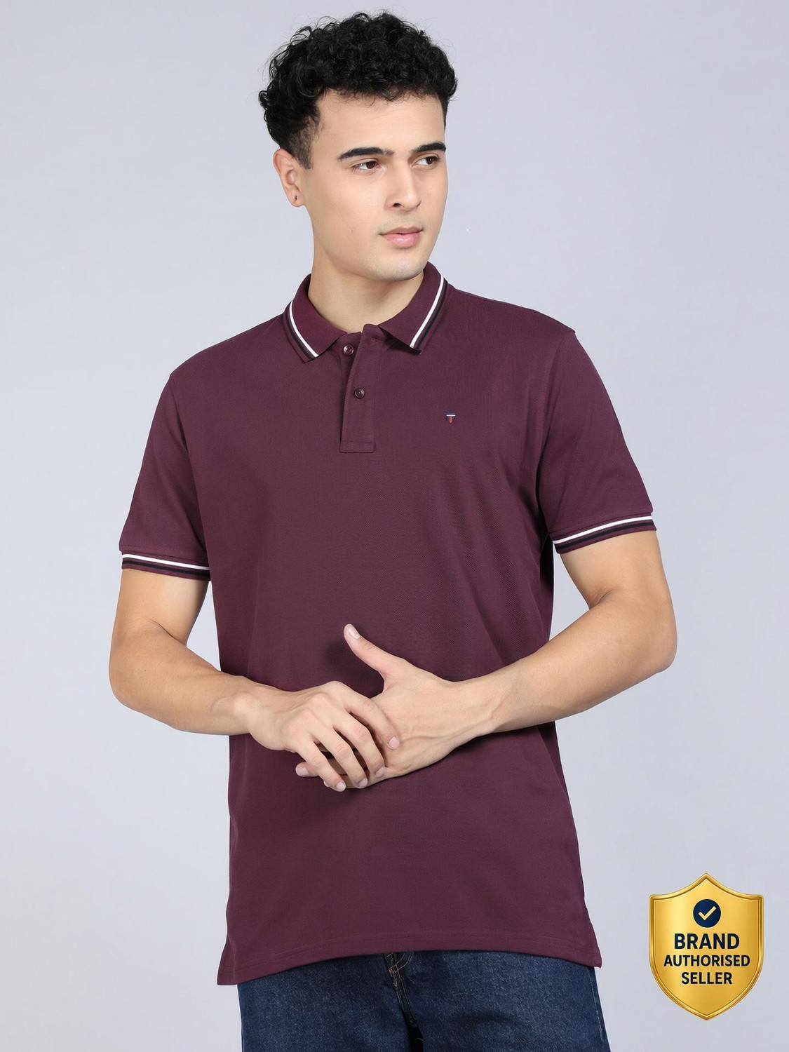 Image of Louis Philippe Sport Slim Fit Casual Men Solid Polo Neck Pure Cotton Purple T-Shirt