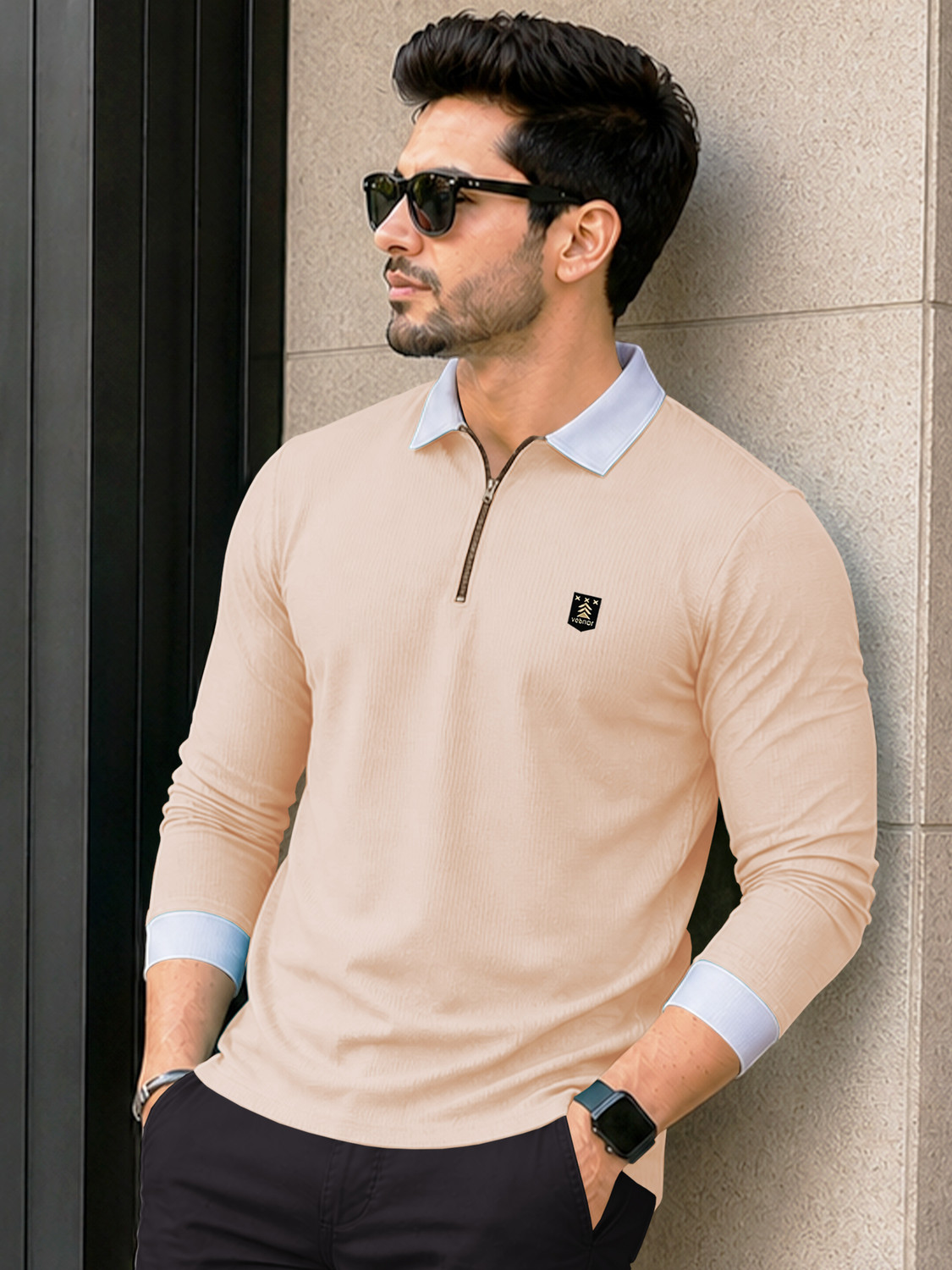 Image of VeBNoR Colorblock Men Zip Neck Beige T-Shirt