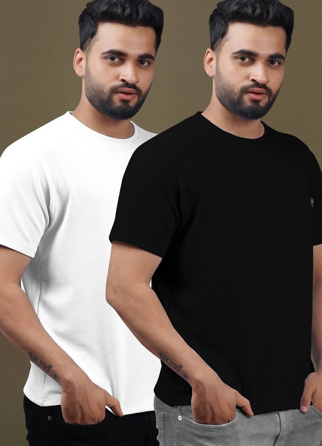Yazole Pack of 2 Men Solid Round Neck Polycotton Black, White T-S