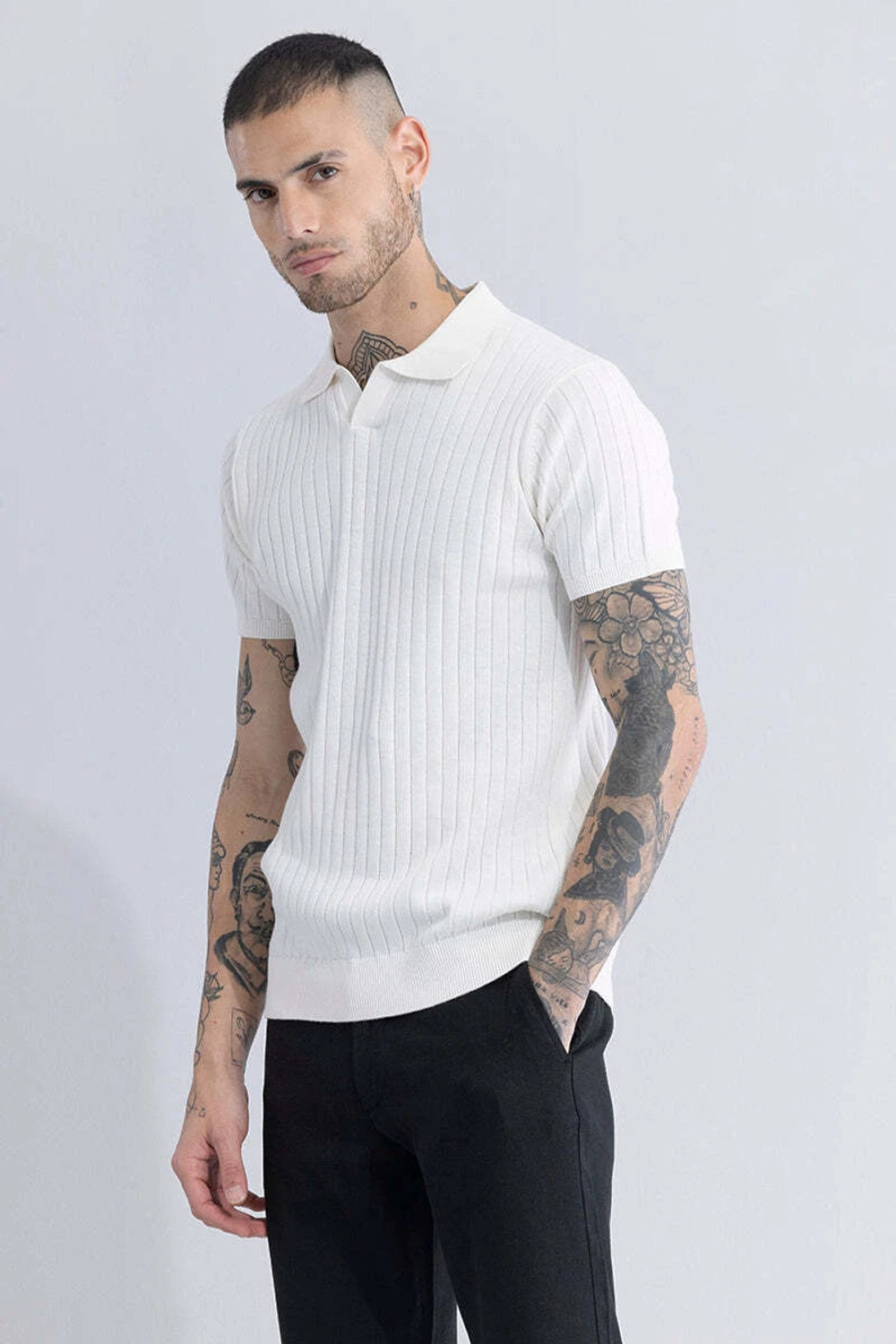 Image of Snitch Solid Men Polo Neck White T-Shirt