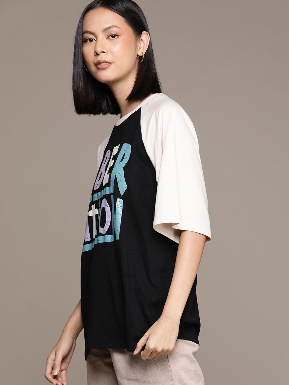 Image of Roadster Colorblock Women Round Neck Black T-Shirt
