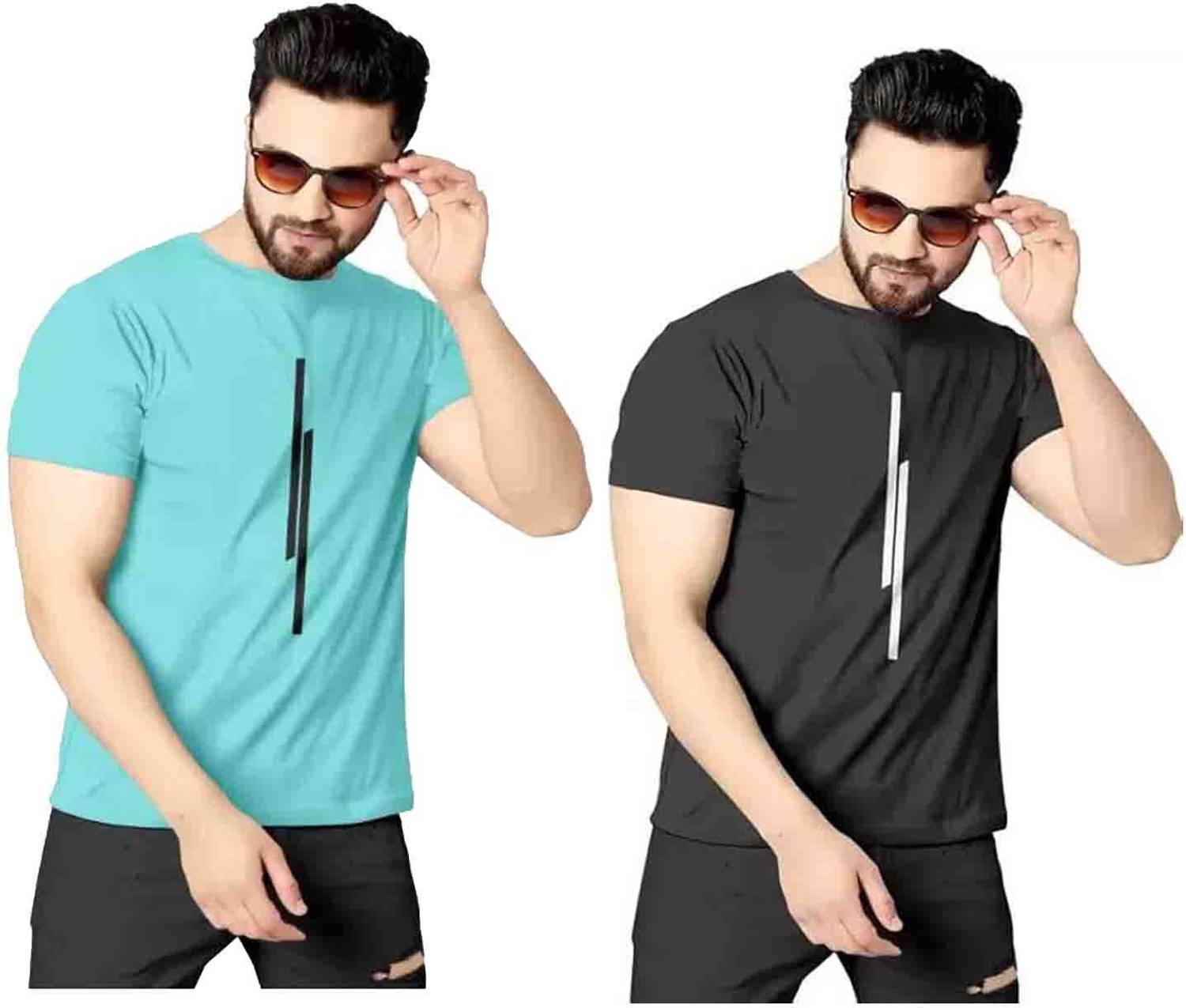 REVIZO Pack of 2 Men Striped Round Neck Polyester Light Green, Bl