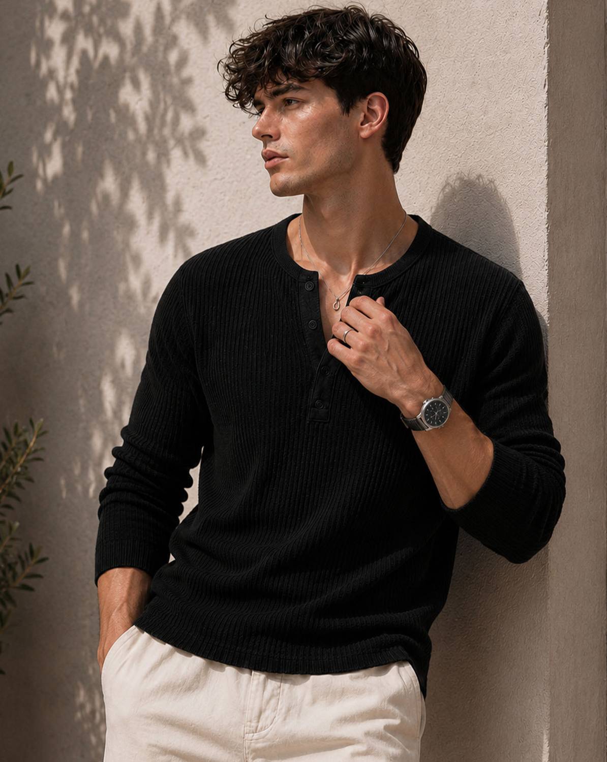 AUSK Solid Men Henley Neck Black T-Shirt - Image 3