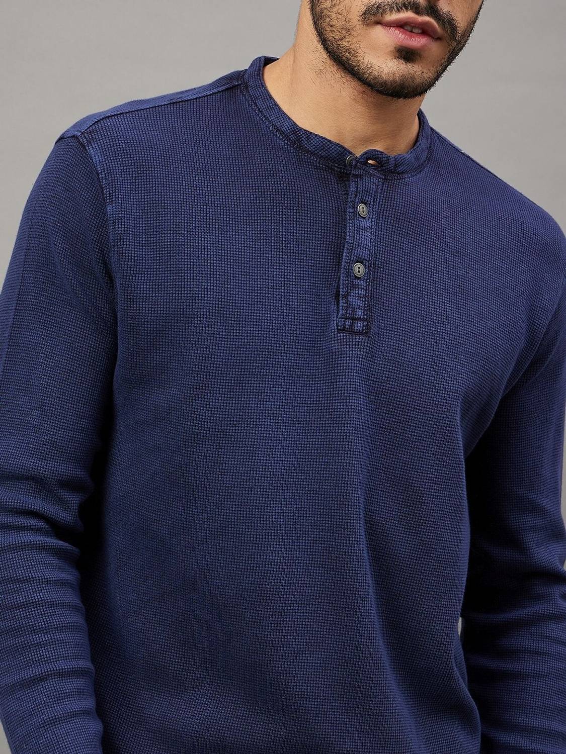 Club York Men Solid Henley Neck Cotton Blend Blue T-Shirt