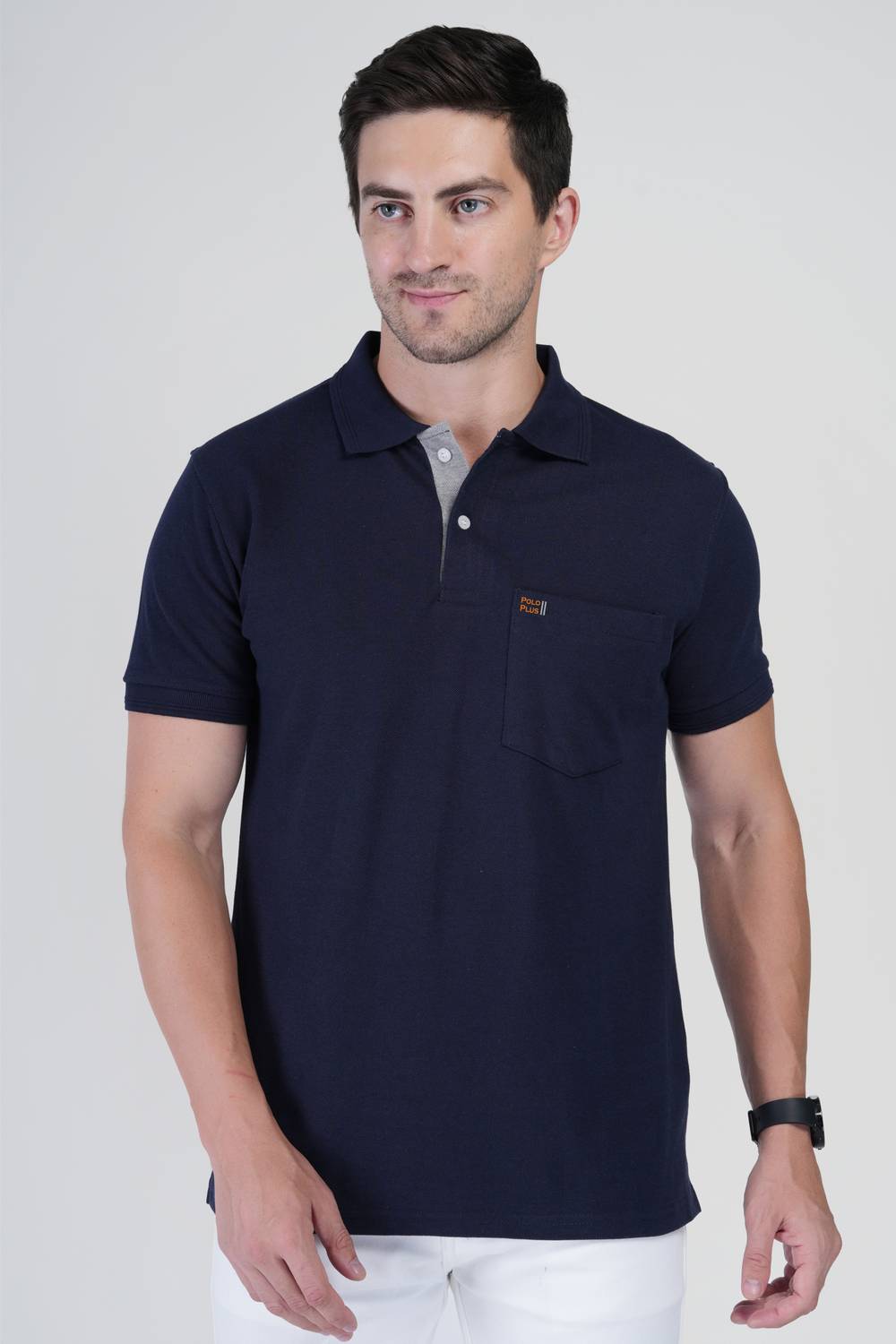 Polo Plus Men Solid Polo Neck Pure Cotton Navy Blue T-Shirt
