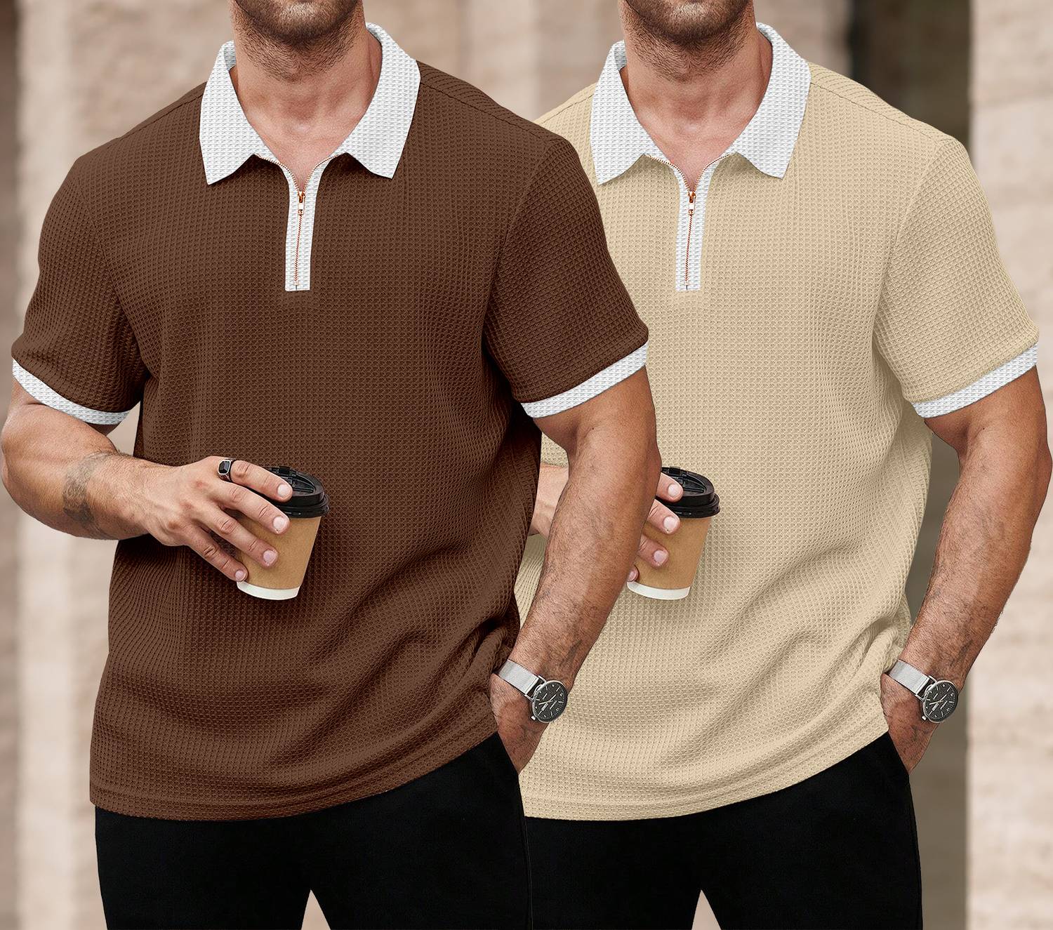 KAJARU Men Self Design Polo Neck Polyester Brown, Beige T-Shirt