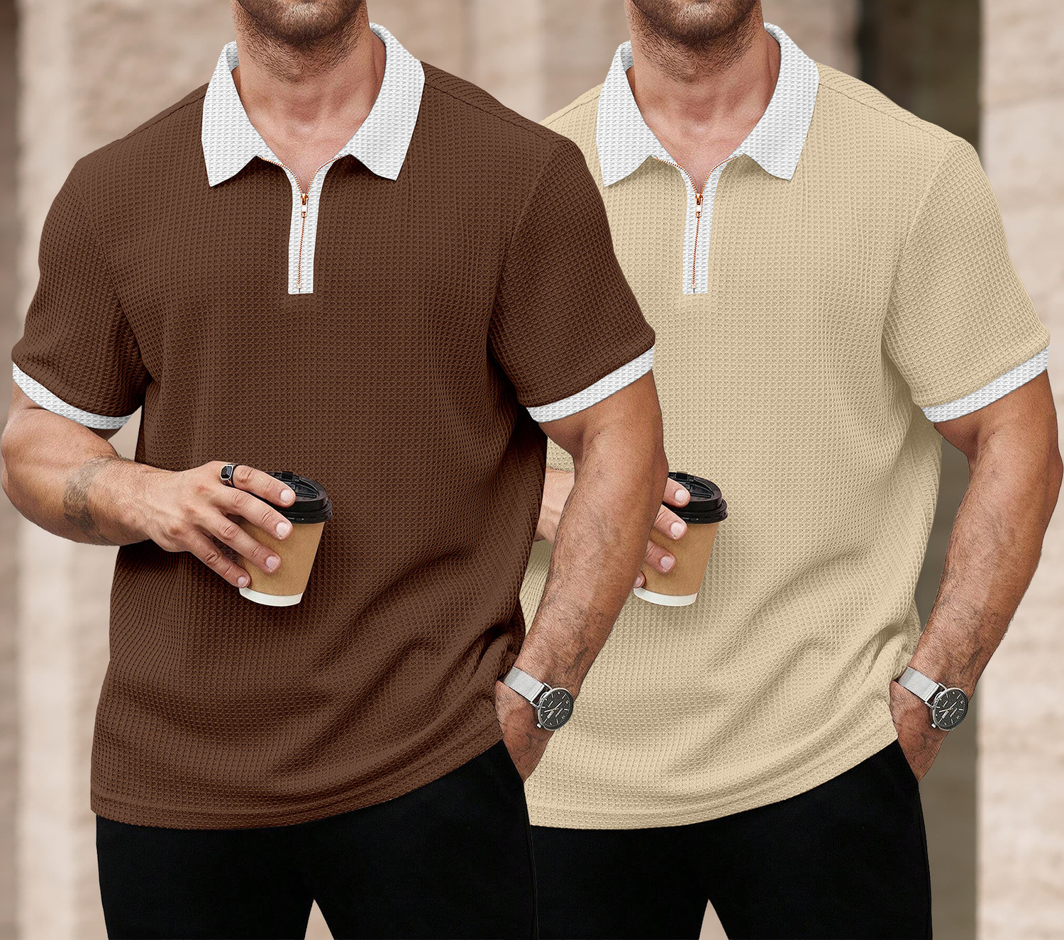 Image of KAJARU Self Design Men Zip Neck Brown, Beige T-Shirt