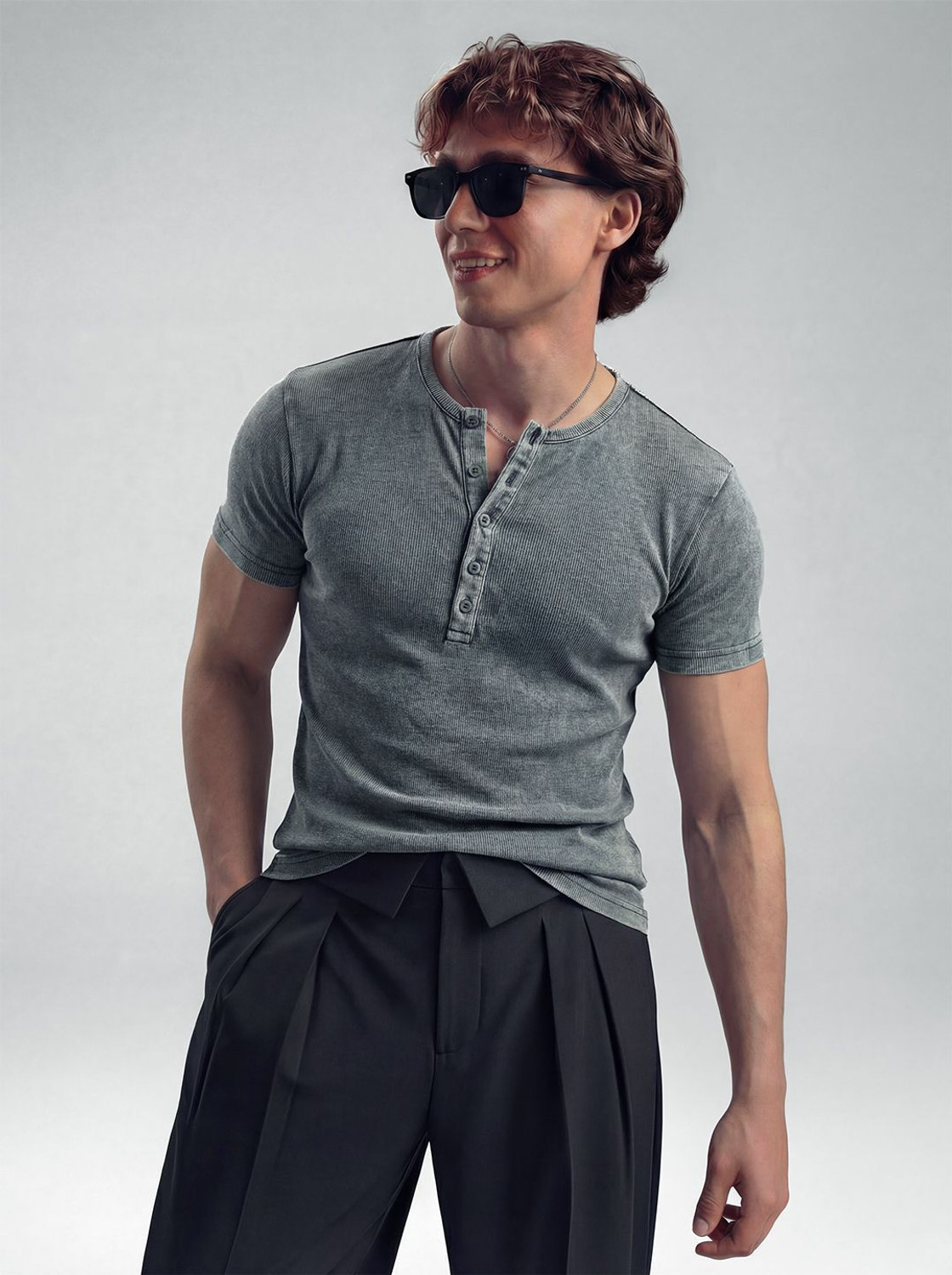 Image of FUGAZEE Solid Men Henley Neck Grey T-Shirt