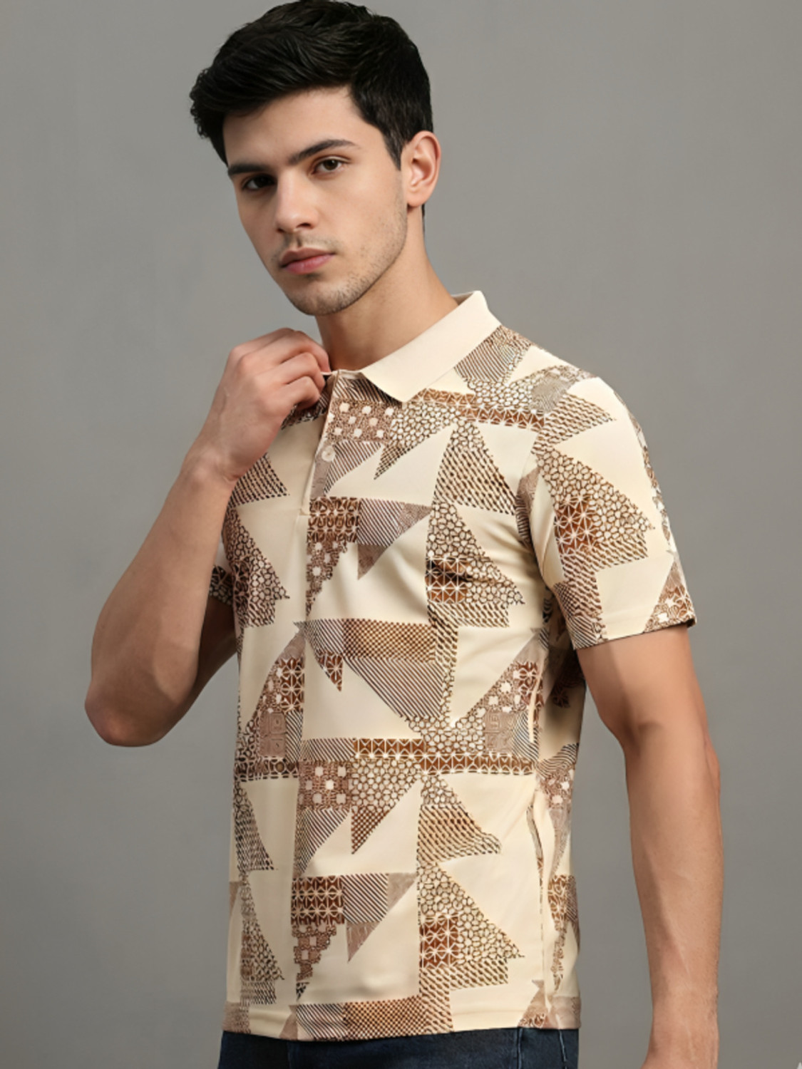 Image of HERE&NOW Printed Men Polo Neck Beige T-Shirt