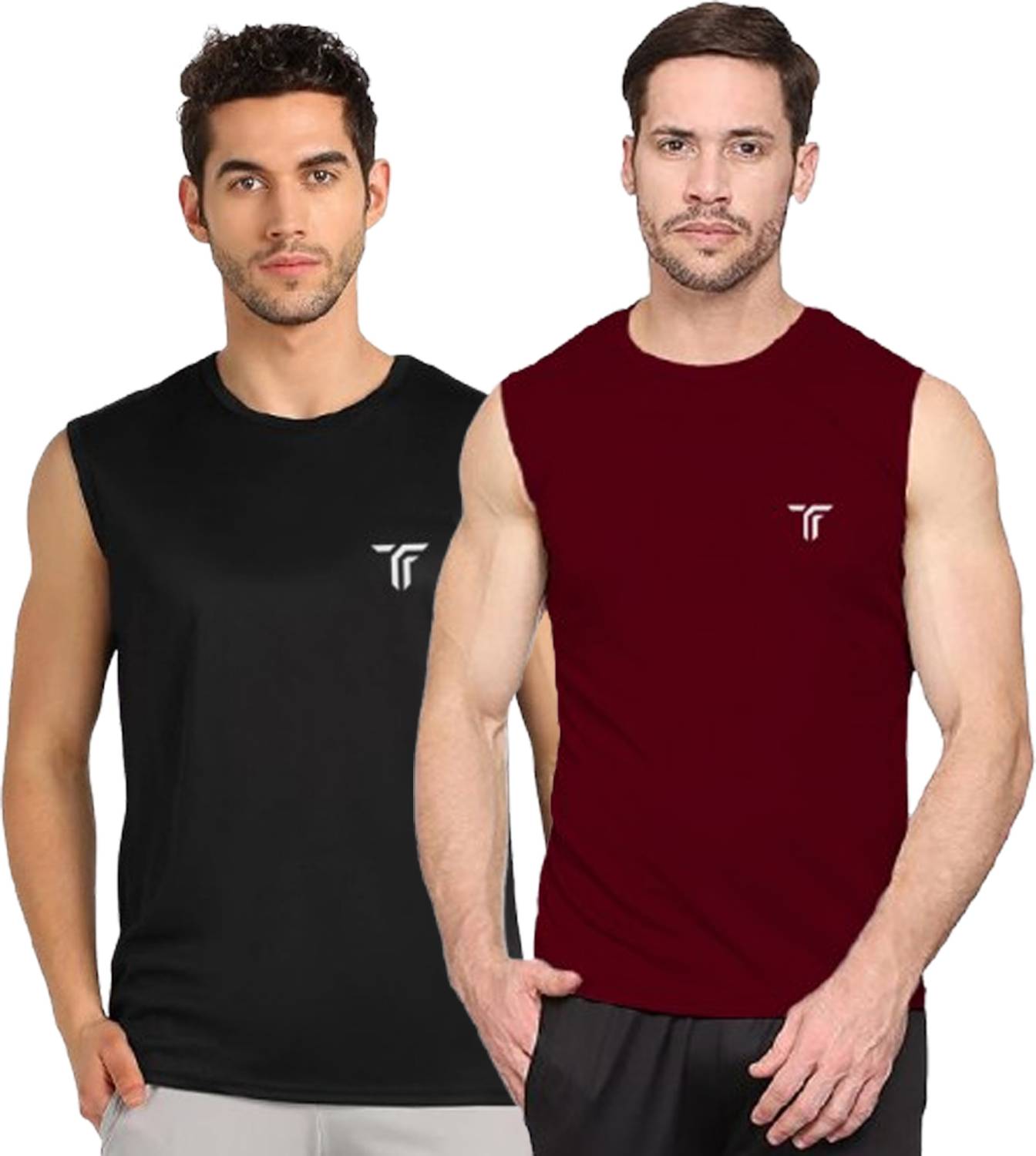 Think Tech Pack of 2 Men Solid Round Neck Polyester Black, Maroon