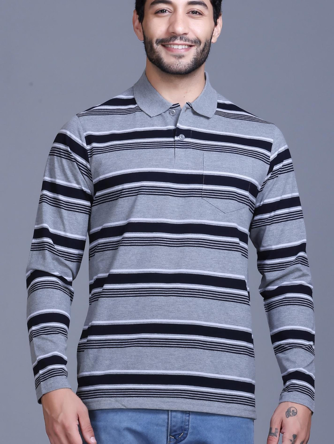Image of SANE ORIGINALS Striped Men Polo Neck Grey T-Shirt