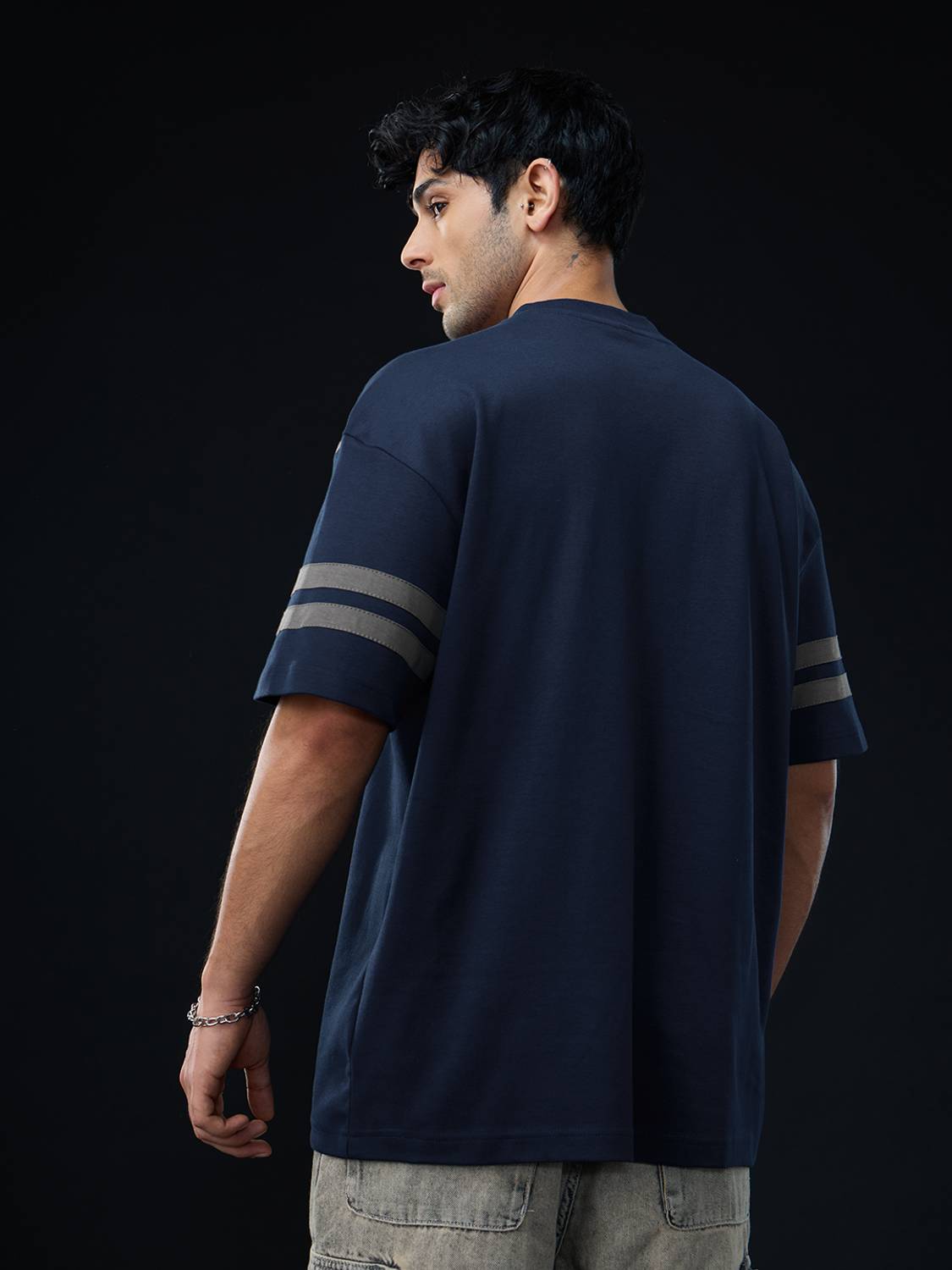 The Souled Store Men Navy Blue, Grey V Neck T-Shirt - Image 3